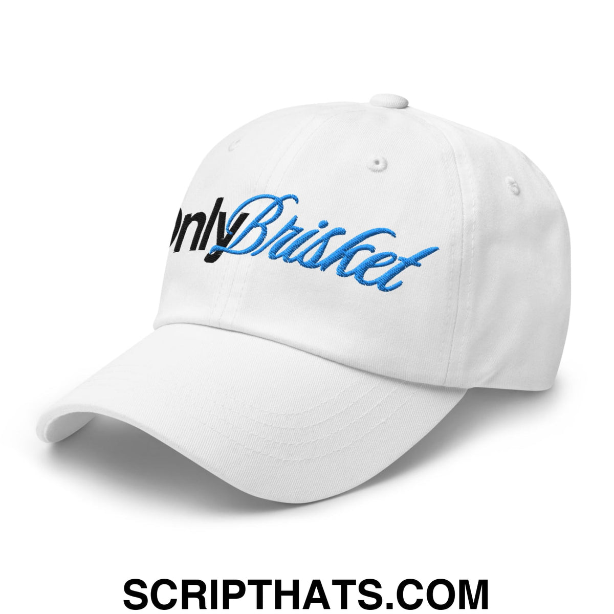White unstructured dad hat with onlybrisket embroidered in black and blue script on the front