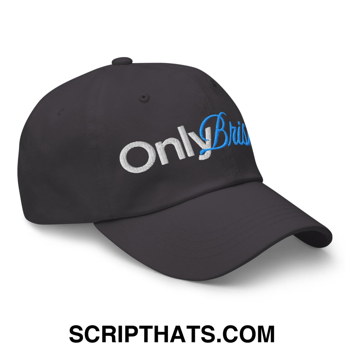 Black unstructured dad hat with embroidered only brit logo in white and blue thread for casual wear