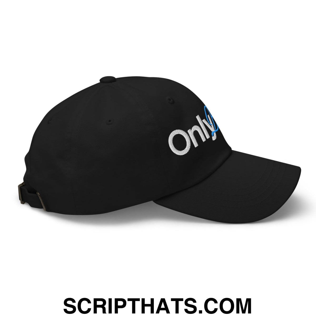 Black only brisket embroidered unstructured dad hat featuring white and blue thread embroidery on a cotton cap