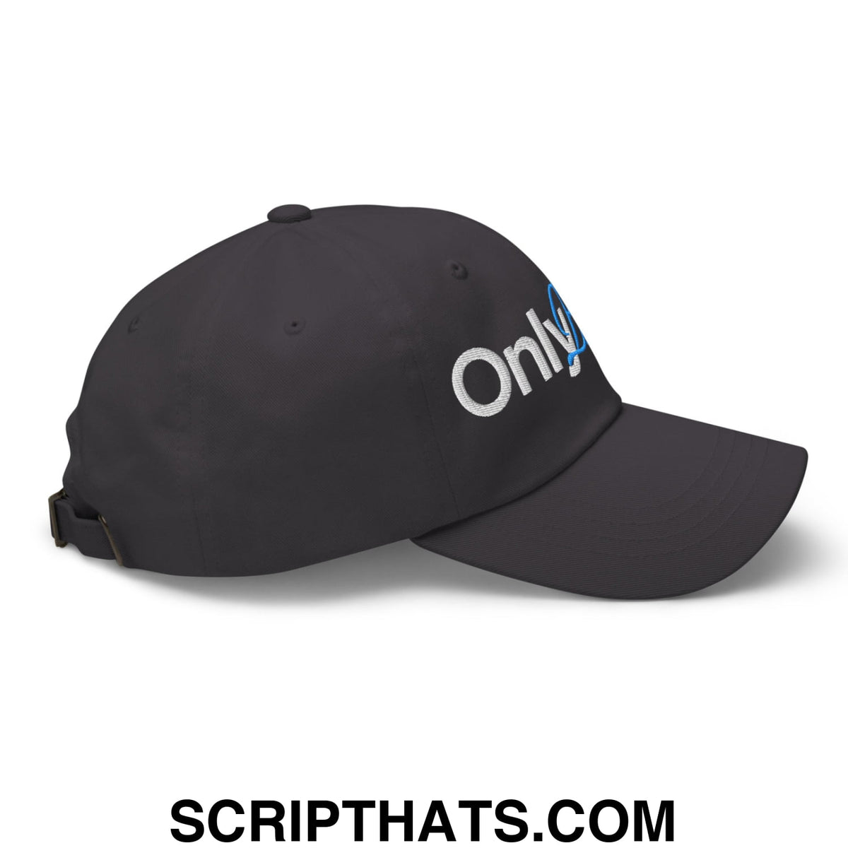 Black unstructured dad hat with white and blue embroidered only logo called only brisket embroidered dad hat