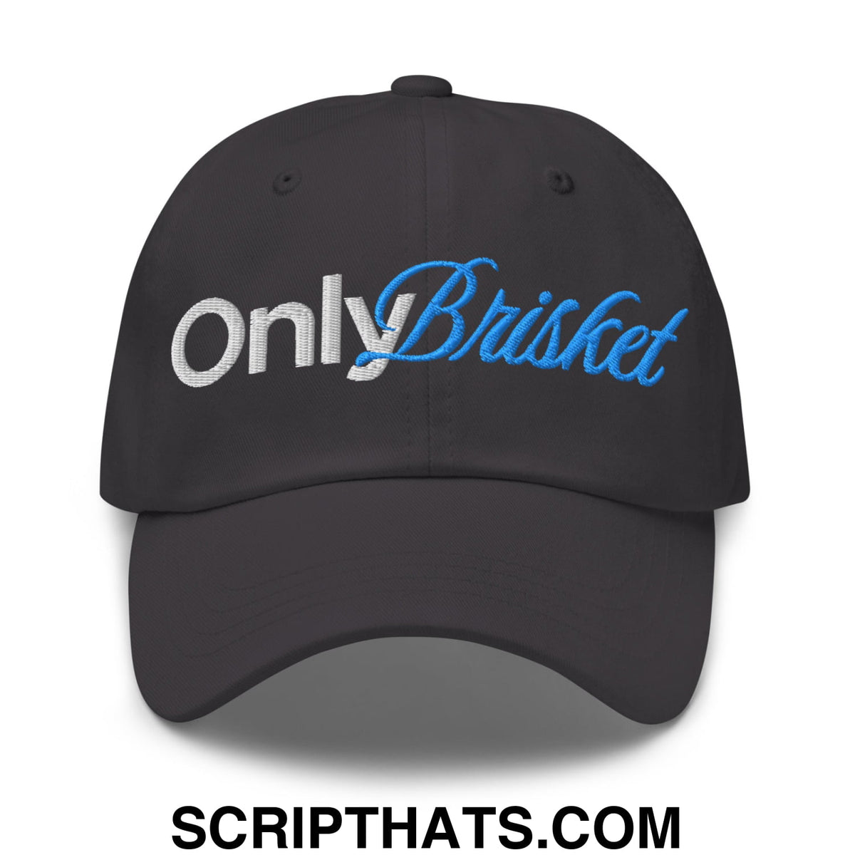 Black unstructured dad hat with only brisket embroidered logo in white and blue thread