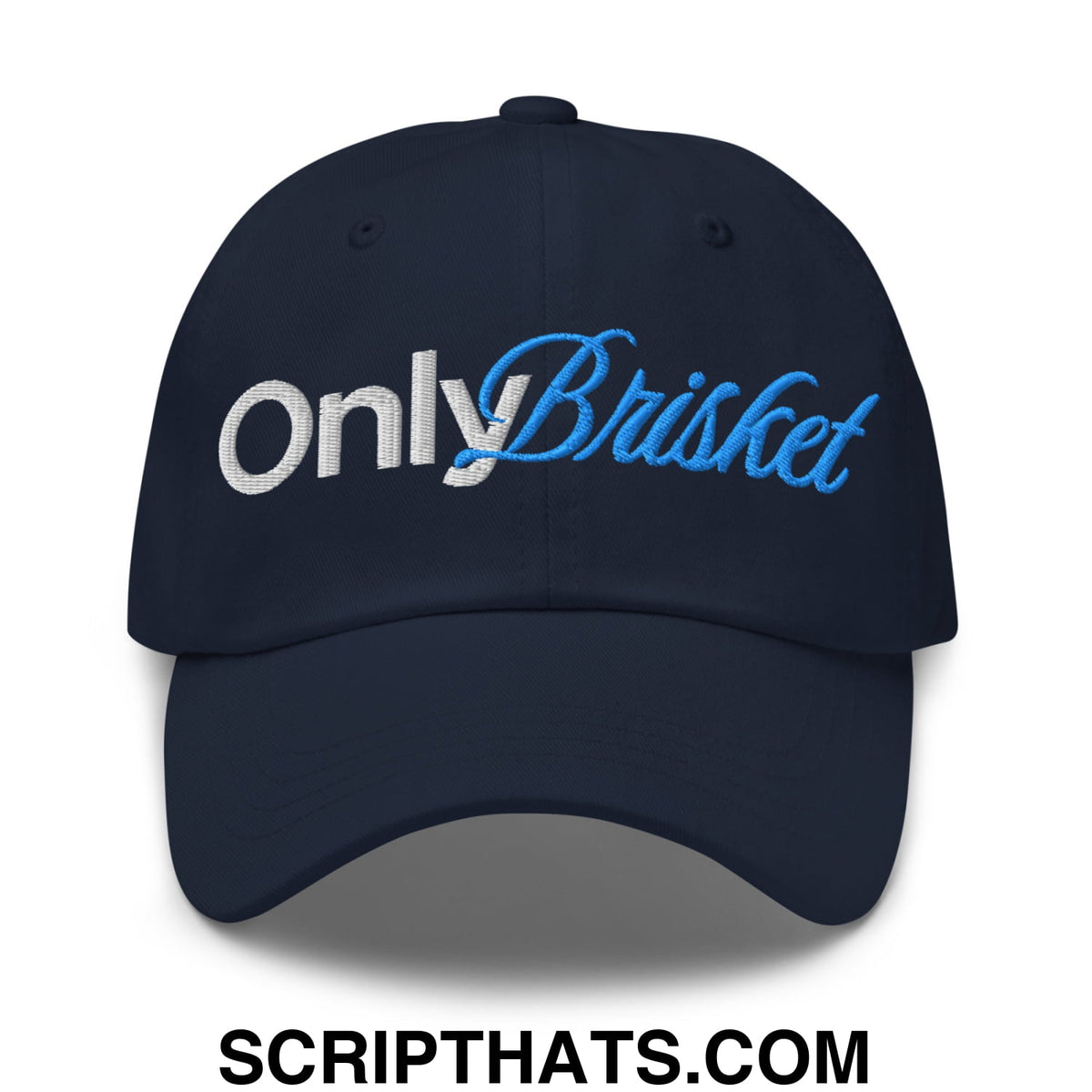 Navy blue unstructured dad hat with only brisket embroidered in white and light blue script for casual wear