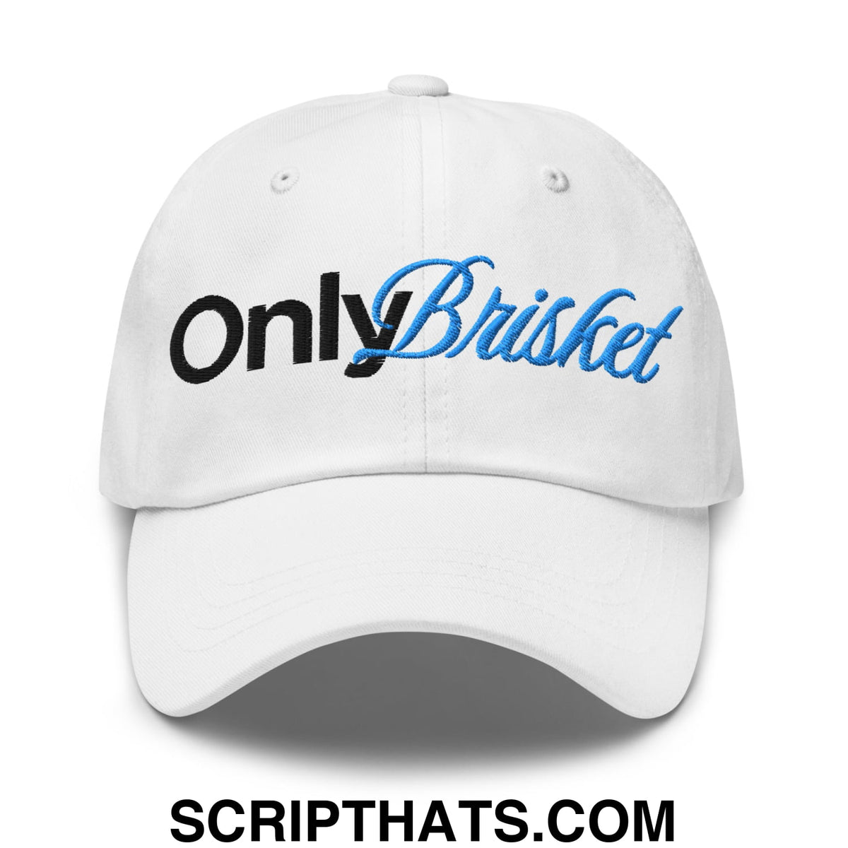 White unstructured dad hat with only brisket embroidered in black and blue script on the front