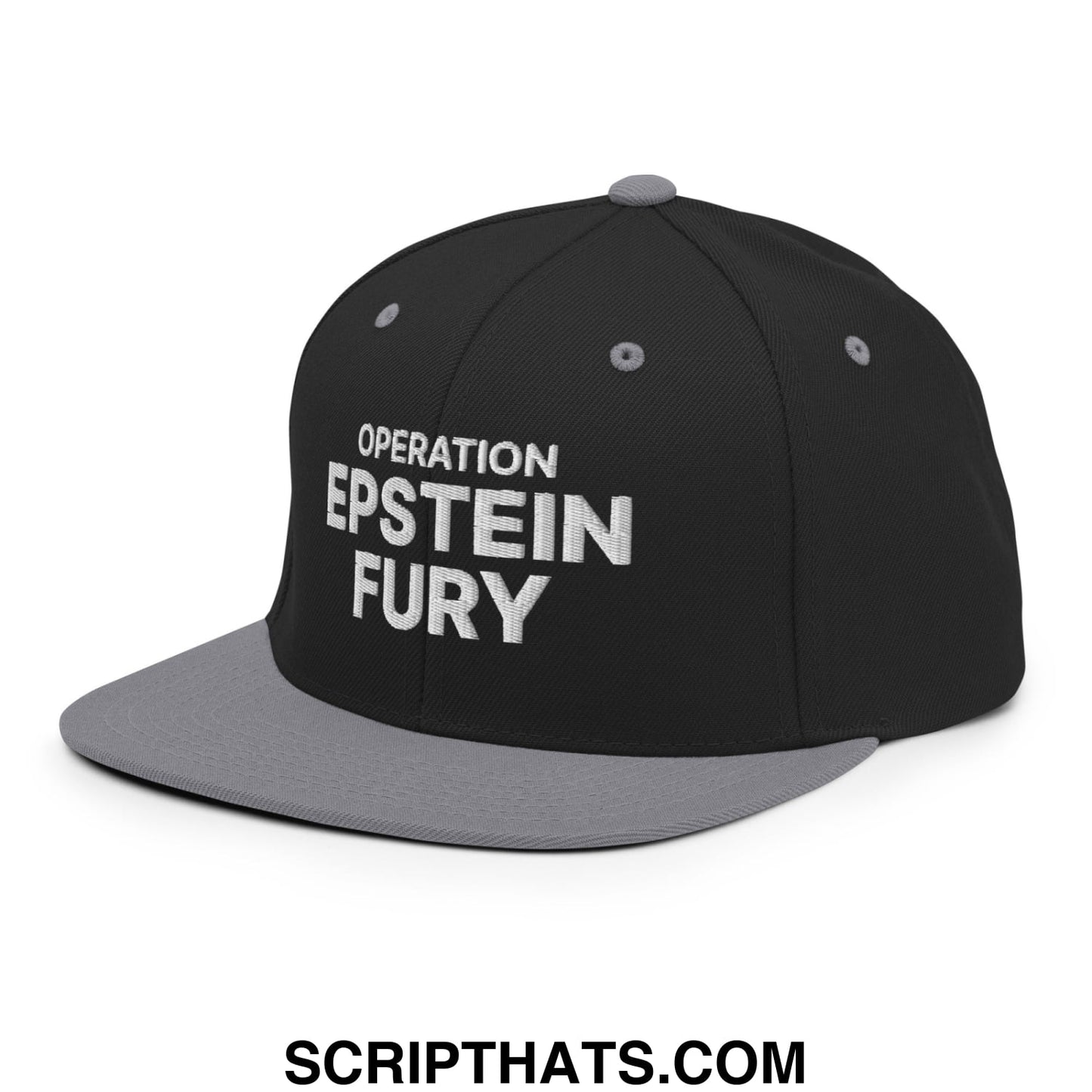 Operation Epstein Fury Embroidered Flat Bill Brim Snapback Hat Black Silver