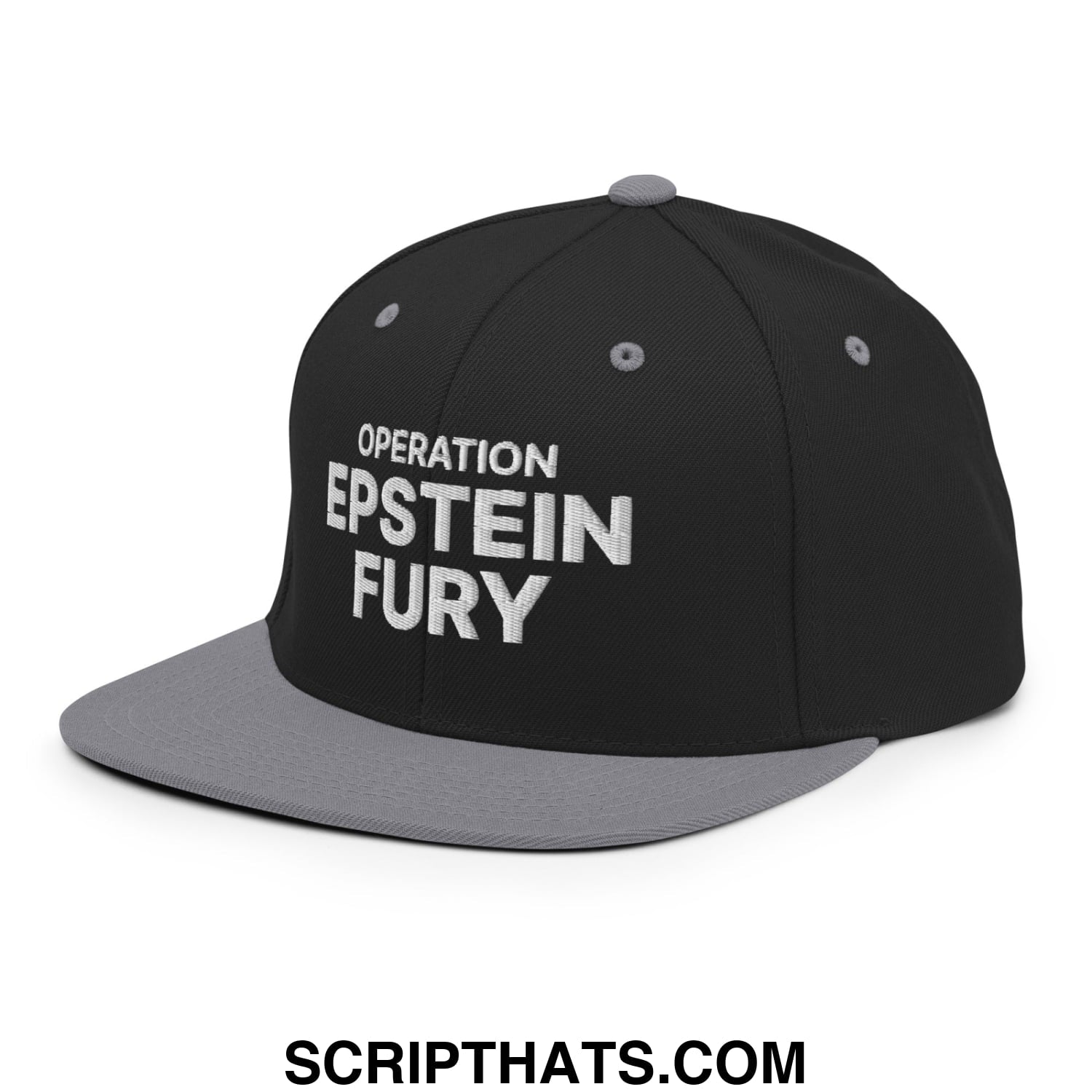 Operation Epstein Fury Embroidered Flat Bill Brim Snapback Hat Black Silver