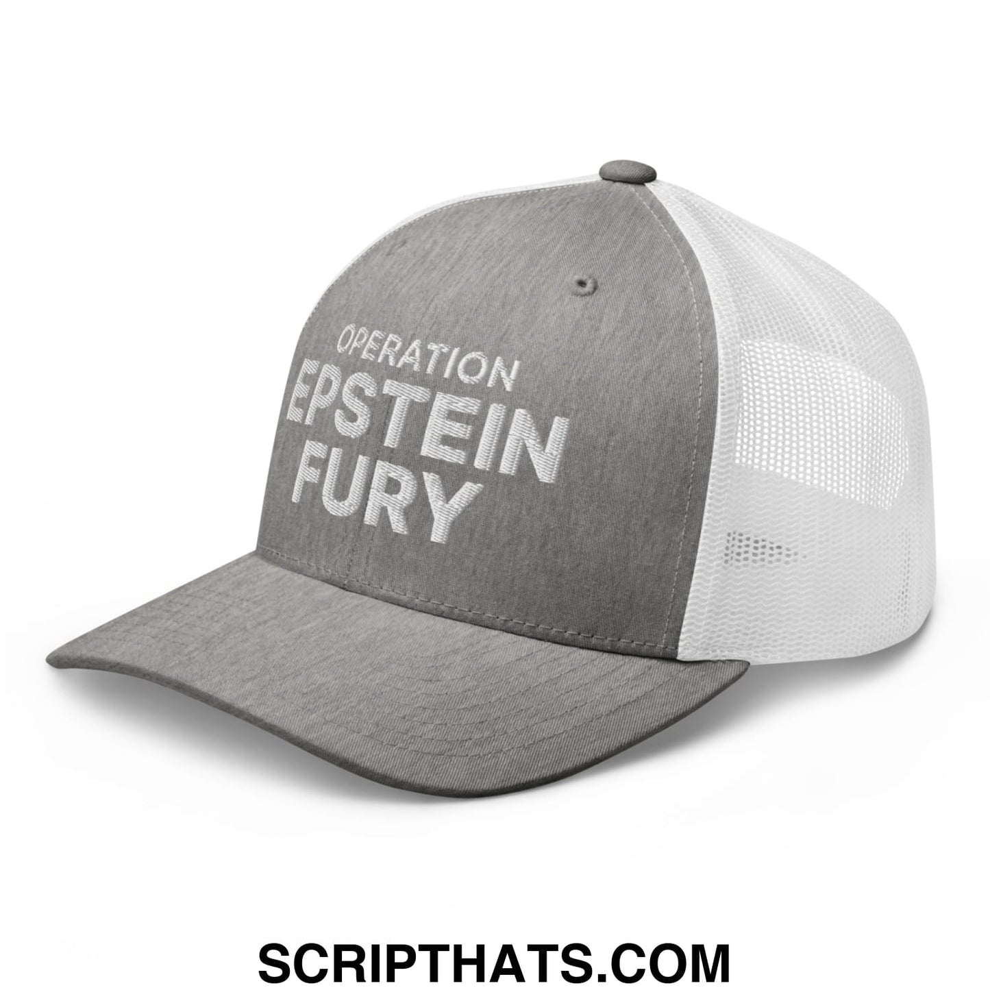 Operation Epstein Fury Embroidered Mesh Trucker Hat Heather Grey White