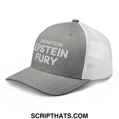 Operation Epstein Fury Embroidered Mesh Trucker Hat Heather Grey White