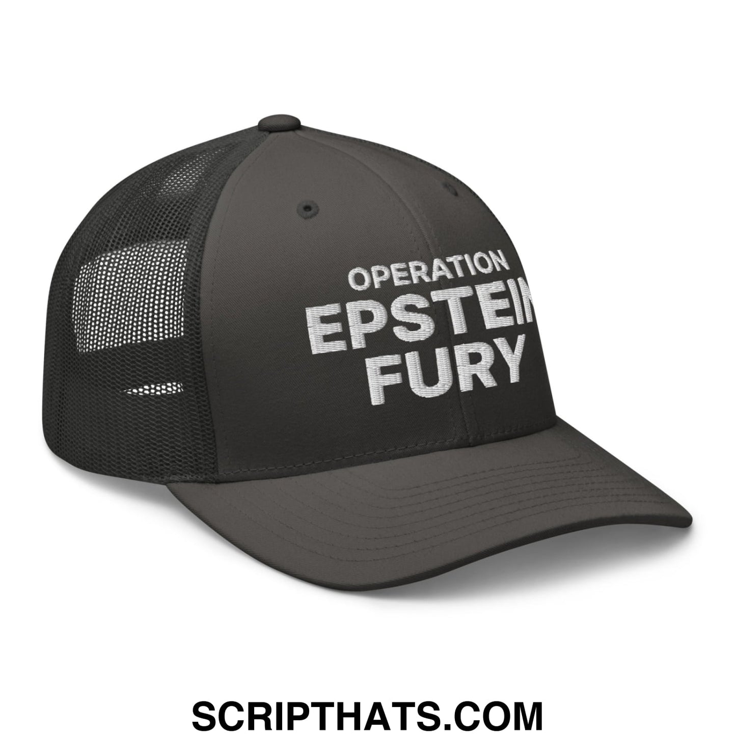 Operation Epstein Fury Embroidered Mesh Trucker Hat Charcoal