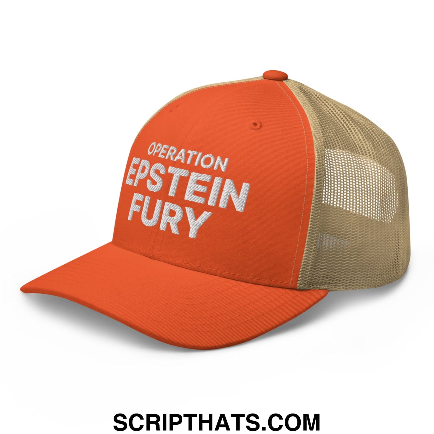 Operation Epstein Fury Embroidered Mesh Trucker Hat Rustic Orange Khaki