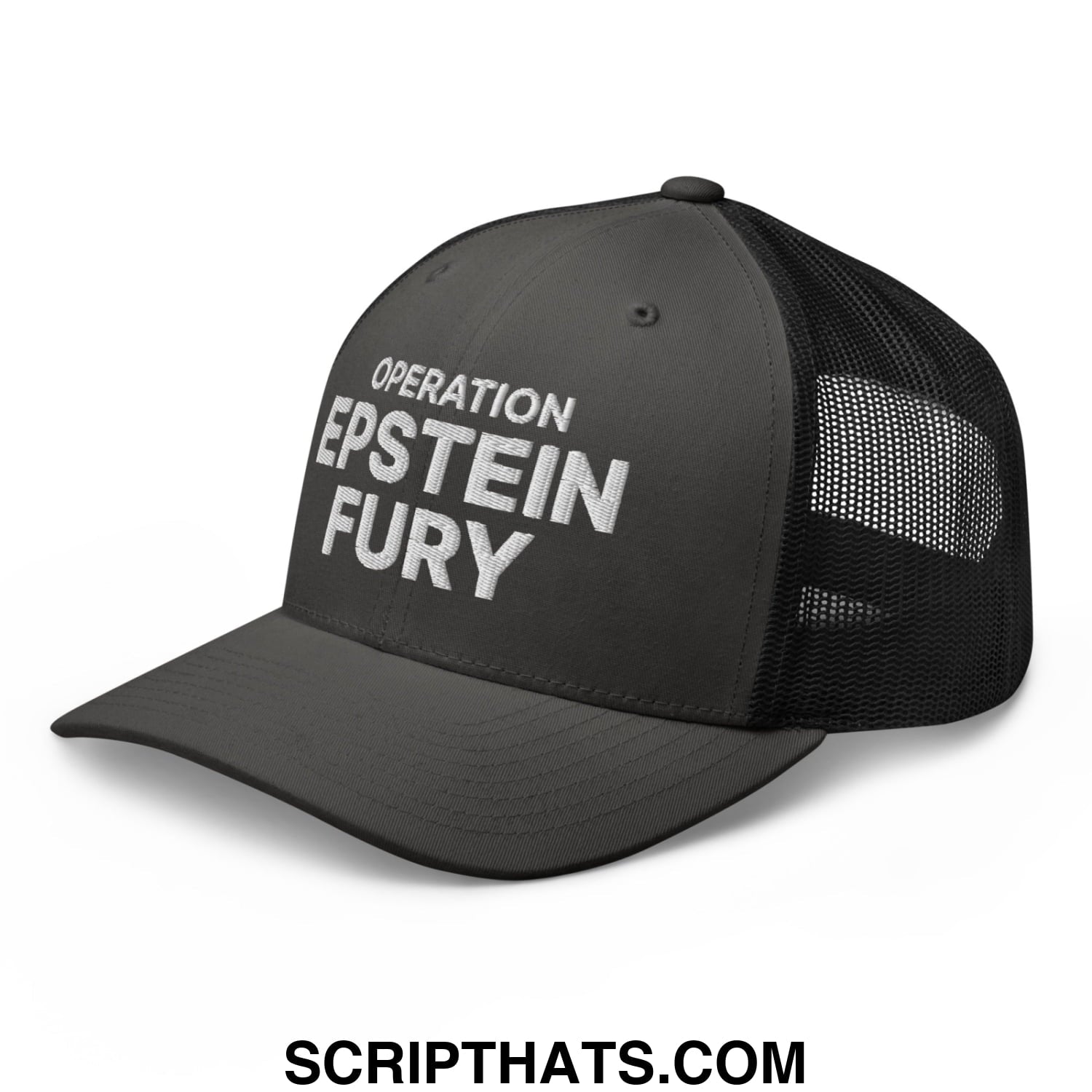 Operation Epstein Fury Embroidered Mesh Trucker Hat Charcoal Black