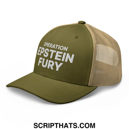 Operation Epstein Fury Embroidered Mesh Trucker Hat Moss Khaki