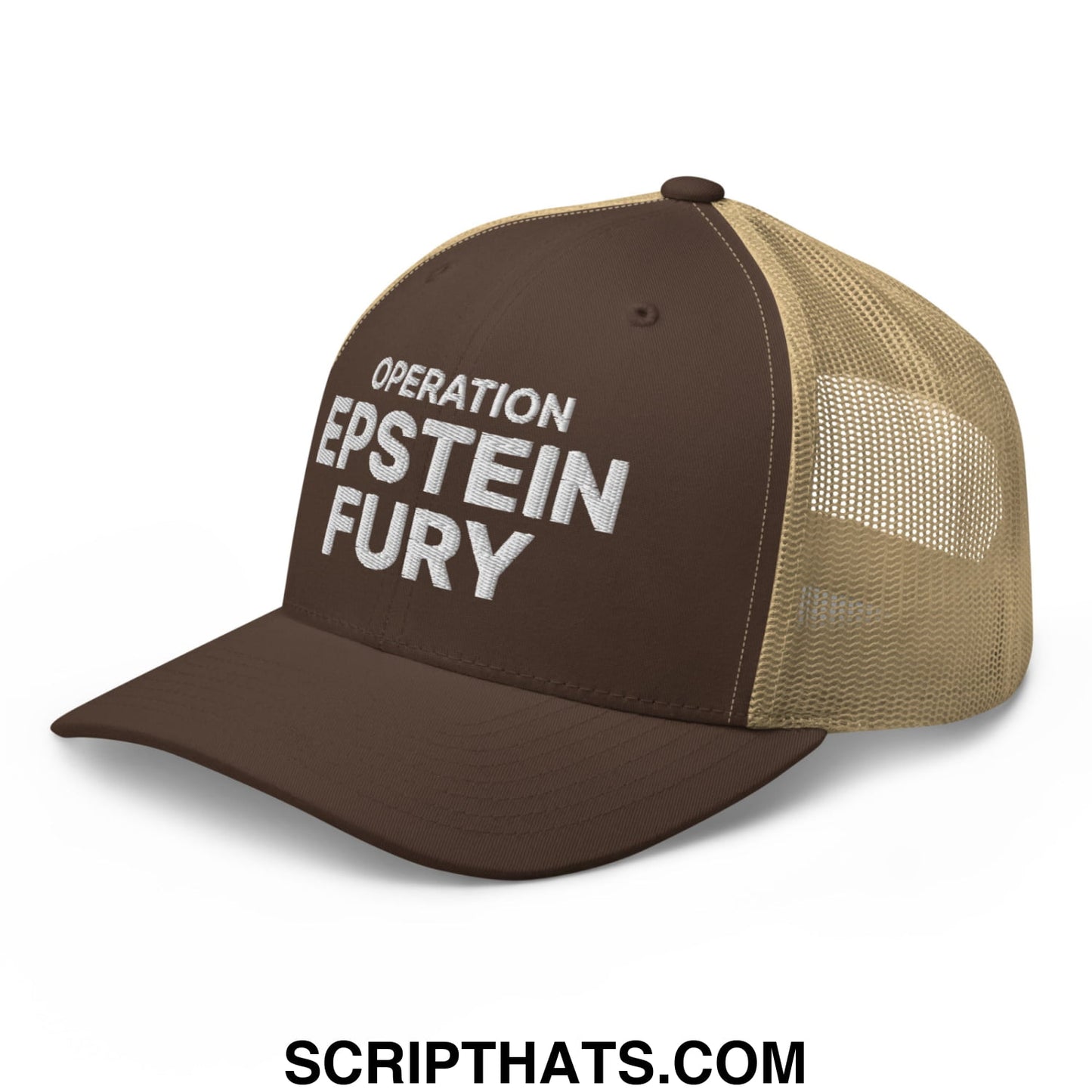 Operation Epstein Fury Embroidered Mesh Trucker Hat Brown Khaki