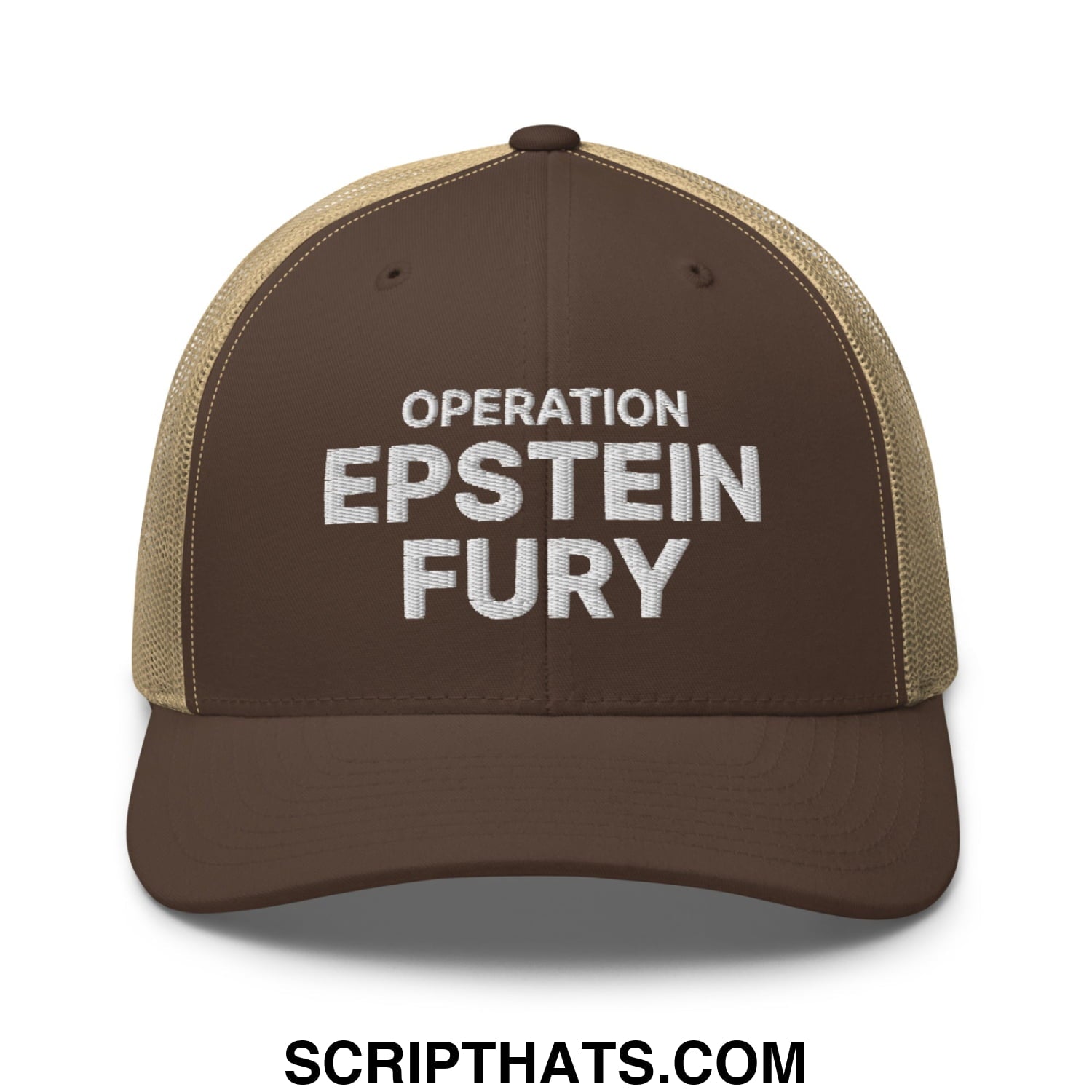 Operation Epstein Fury Embroidered Mesh Trucker Hat Brown Khaki