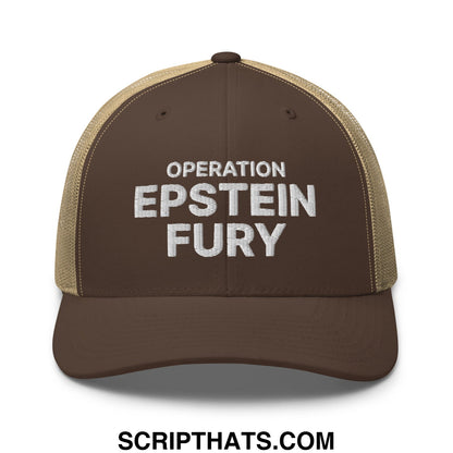Operation Epstein Fury Embroidered Mesh Trucker Hat Brown Khaki