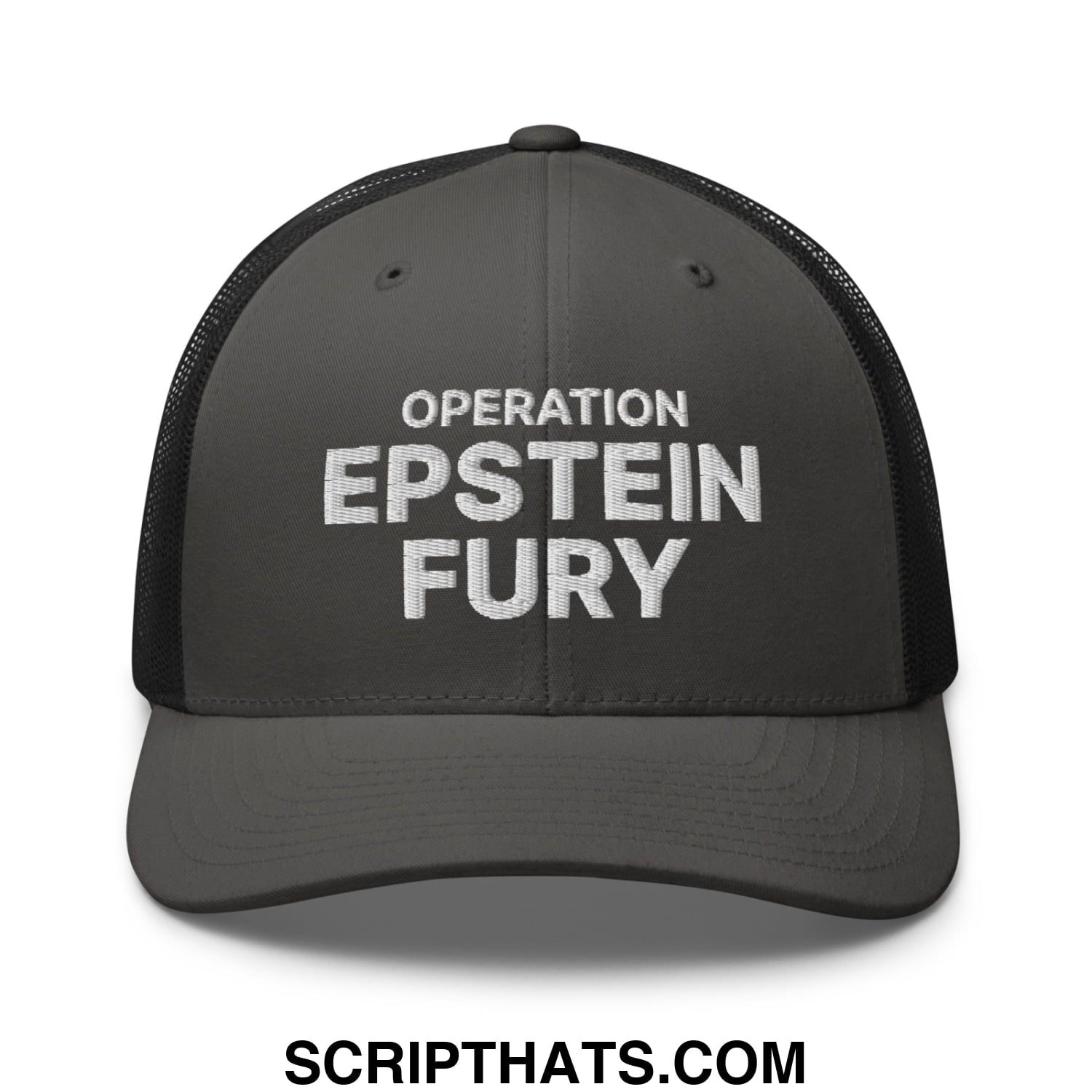 Operation Epstein Fury Embroidered Mesh Trucker Hat Charcoal Black