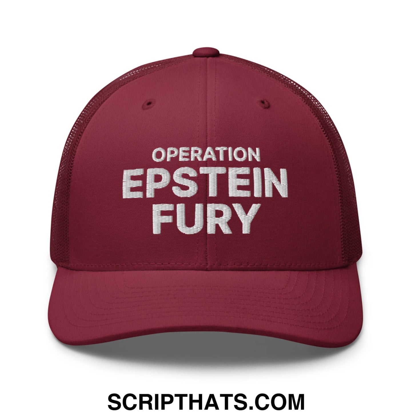 Operation Epstein Fury Embroidered Mesh Trucker Hat Cranberry