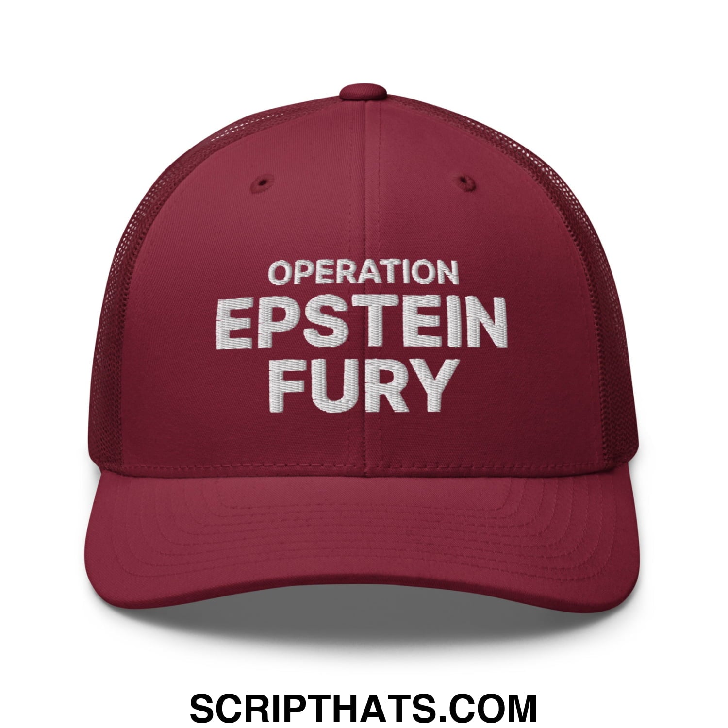 Operation Epstein Fury Embroidered Mesh Trucker Hat Cranberry
