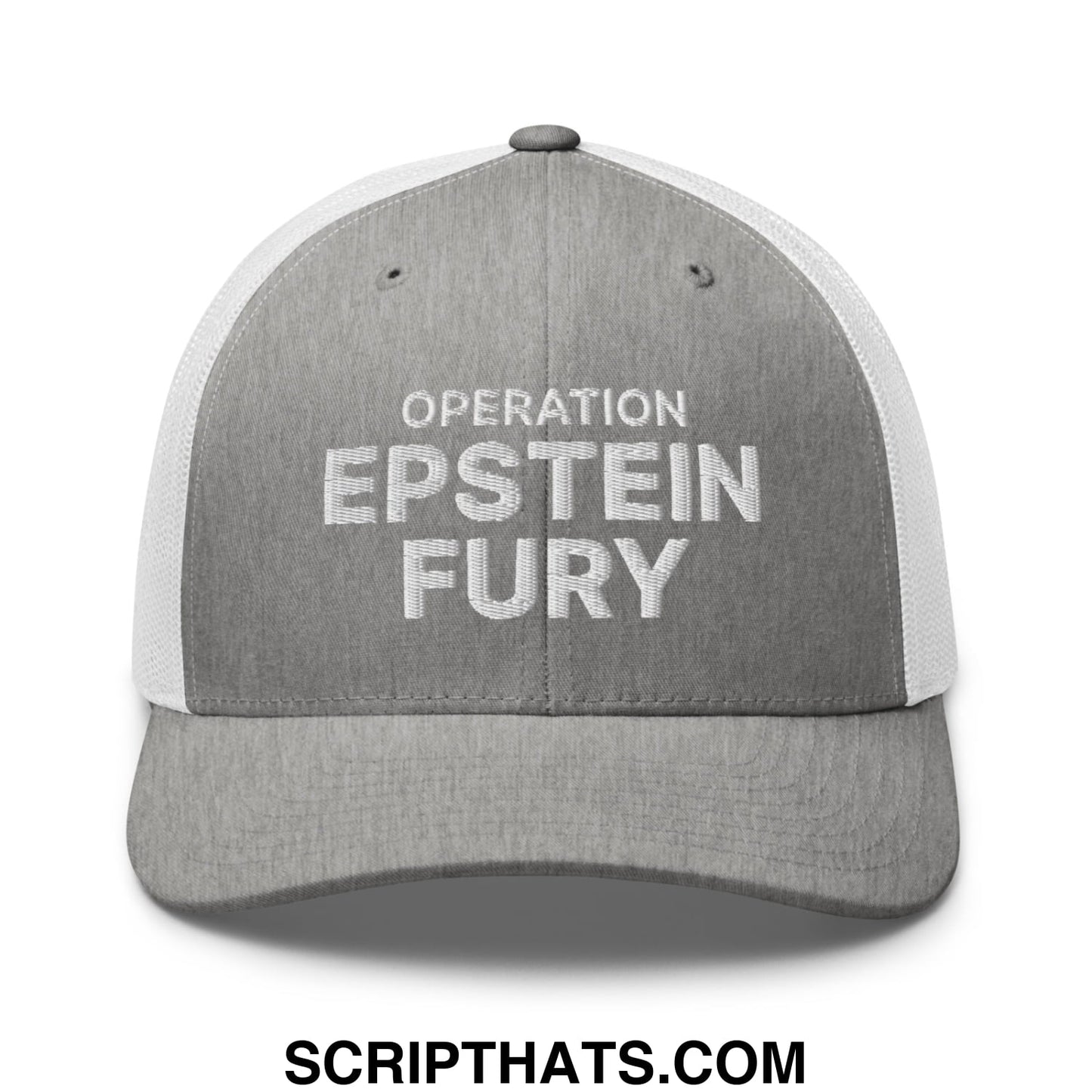 Operation Epstein Fury Embroidered Mesh Trucker Hat Heather Grey White