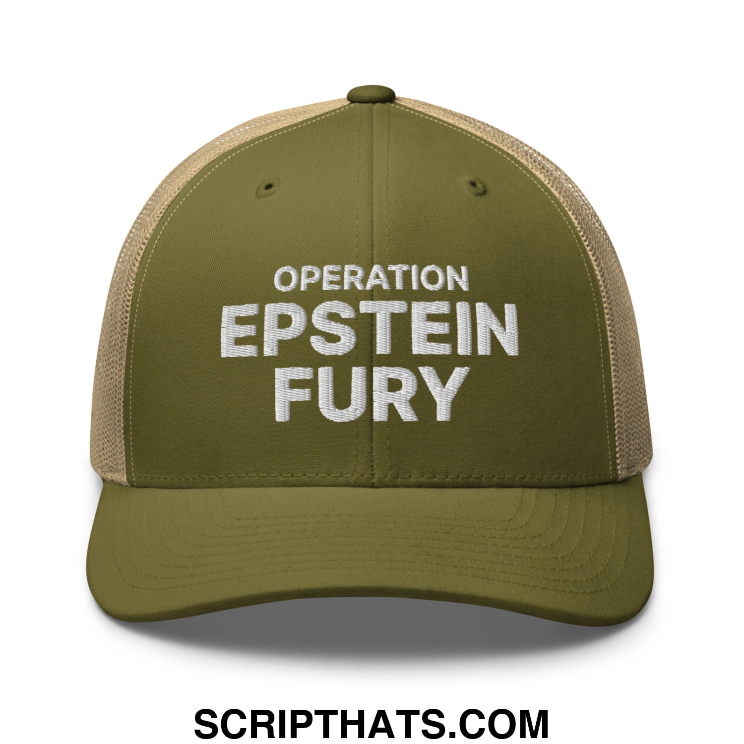 Operation Epstein Fury Embroidered Mesh Trucker Hat Moss Khaki
