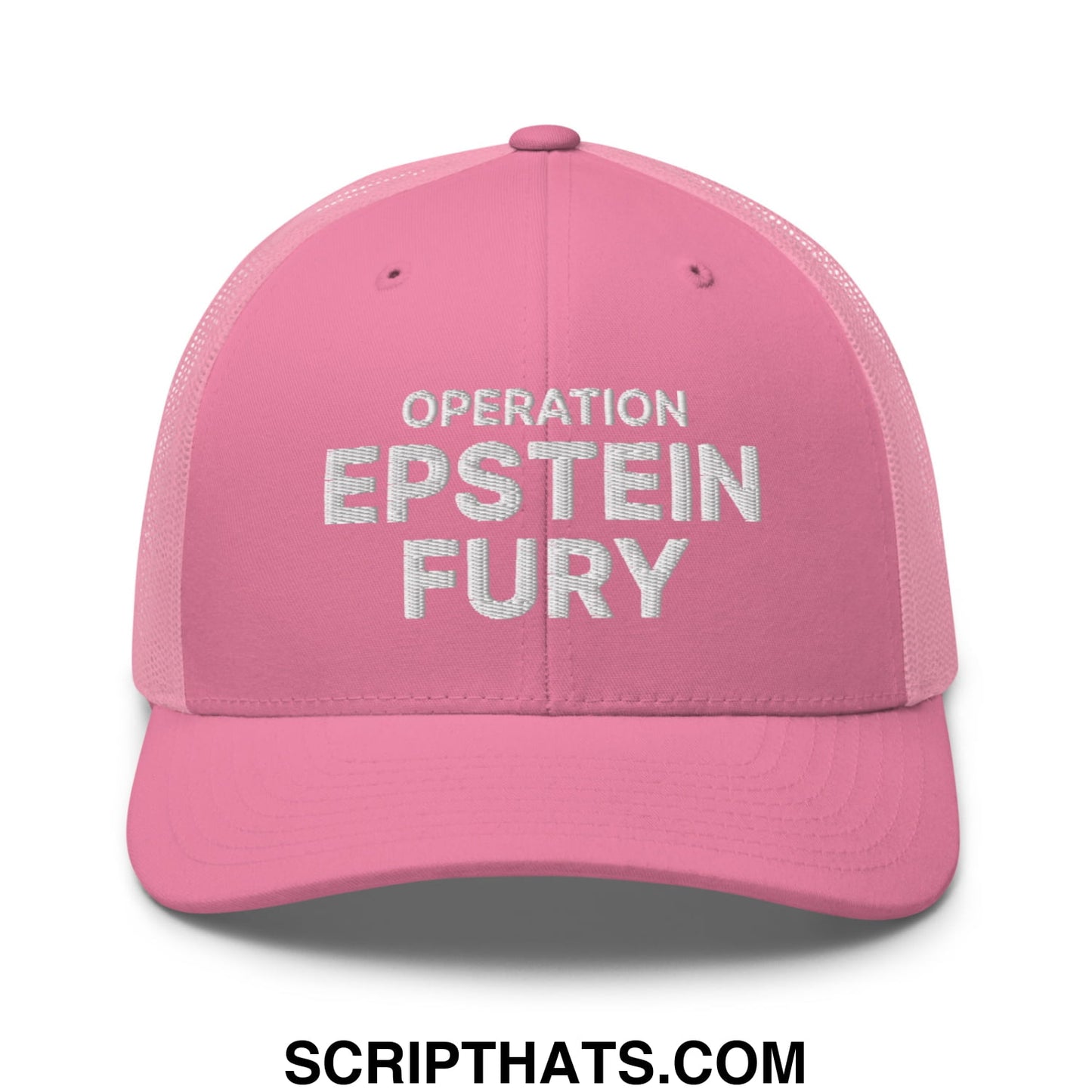 Operation Epstein Fury Embroidered Mesh Trucker Hat Pink