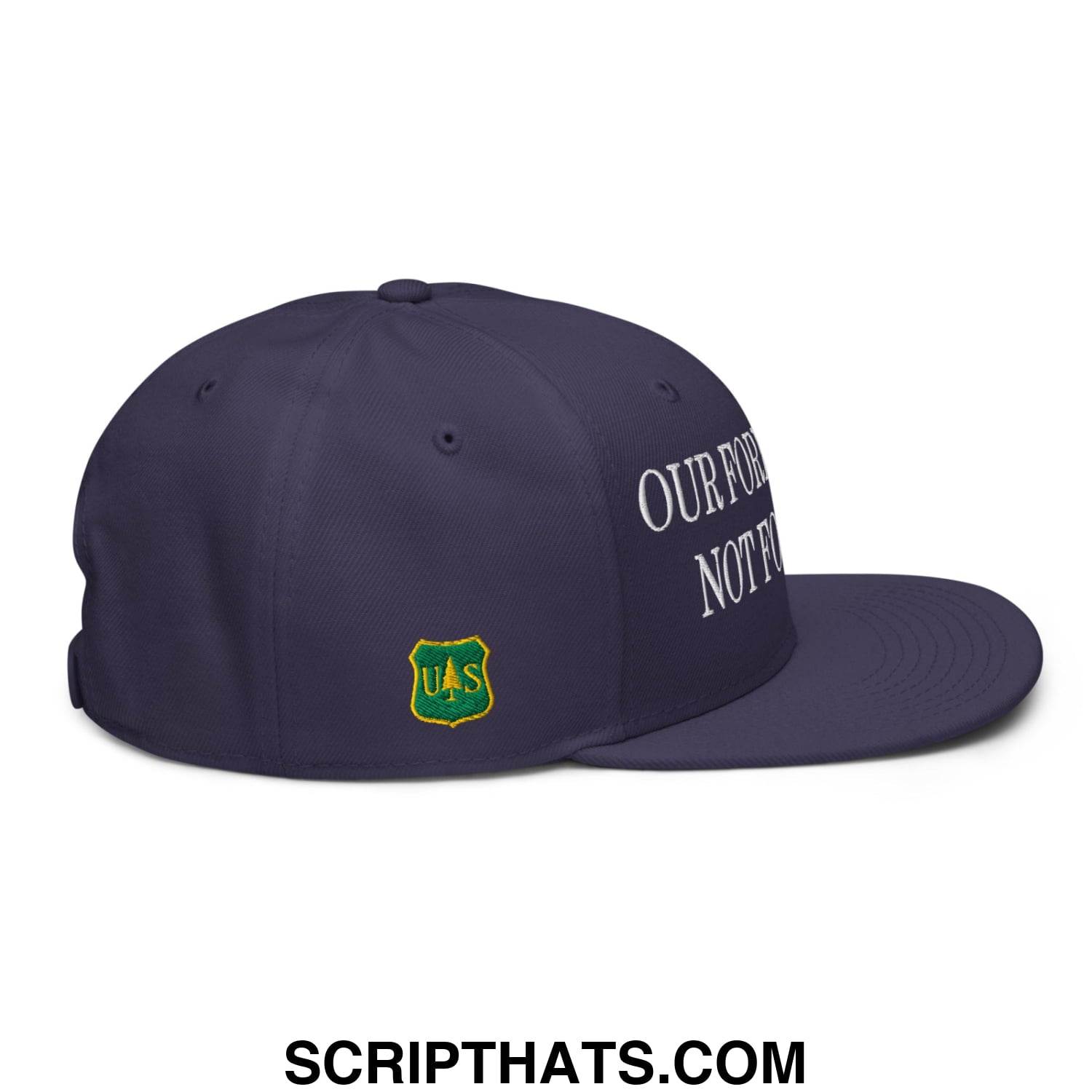Navy blue snapback hat with white embroidered text and green shield emblem featuring usfs us flag design