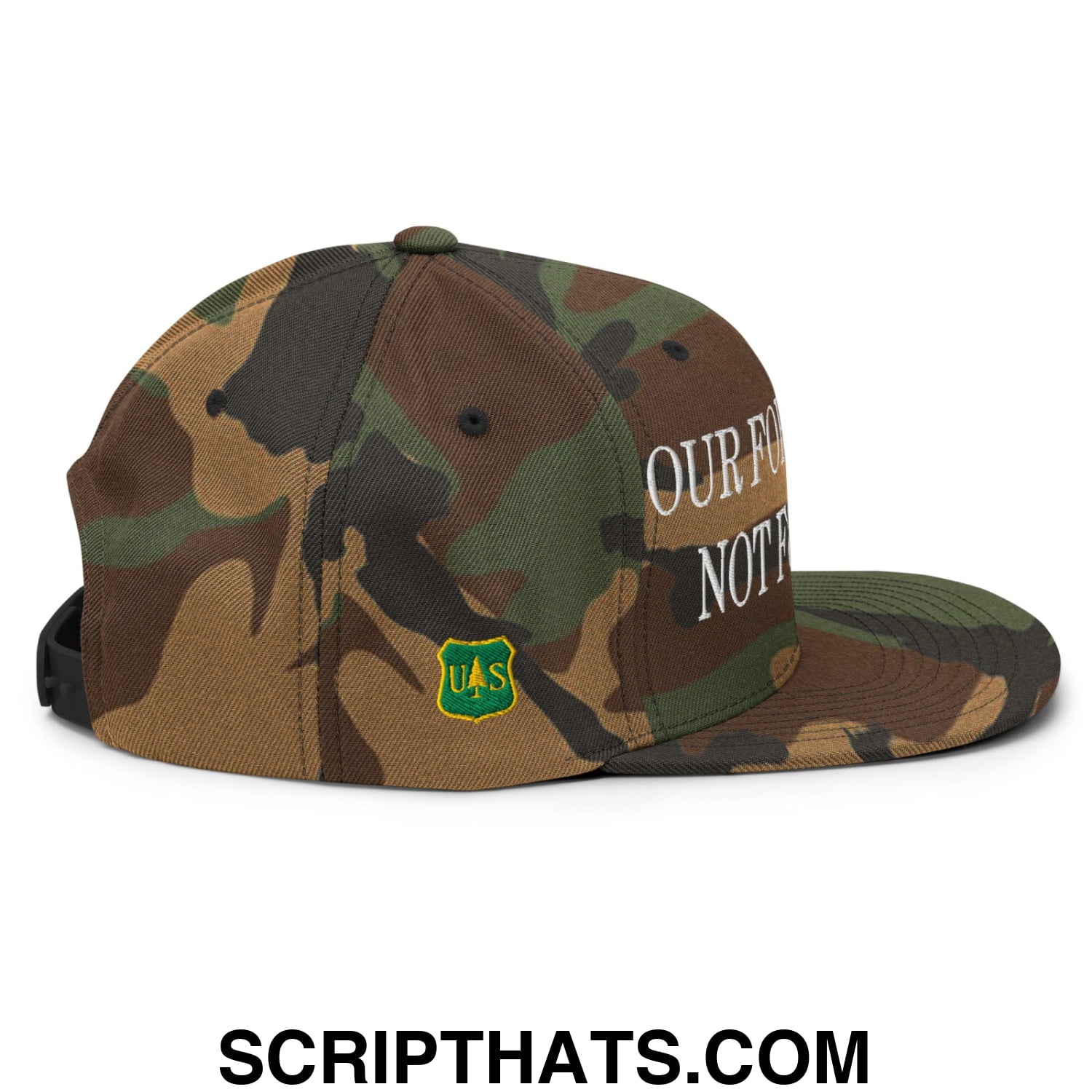Our Forests Are Not For Sale USFS US Flag Embroidered Flat Brim Snapback Hat Green Camo
