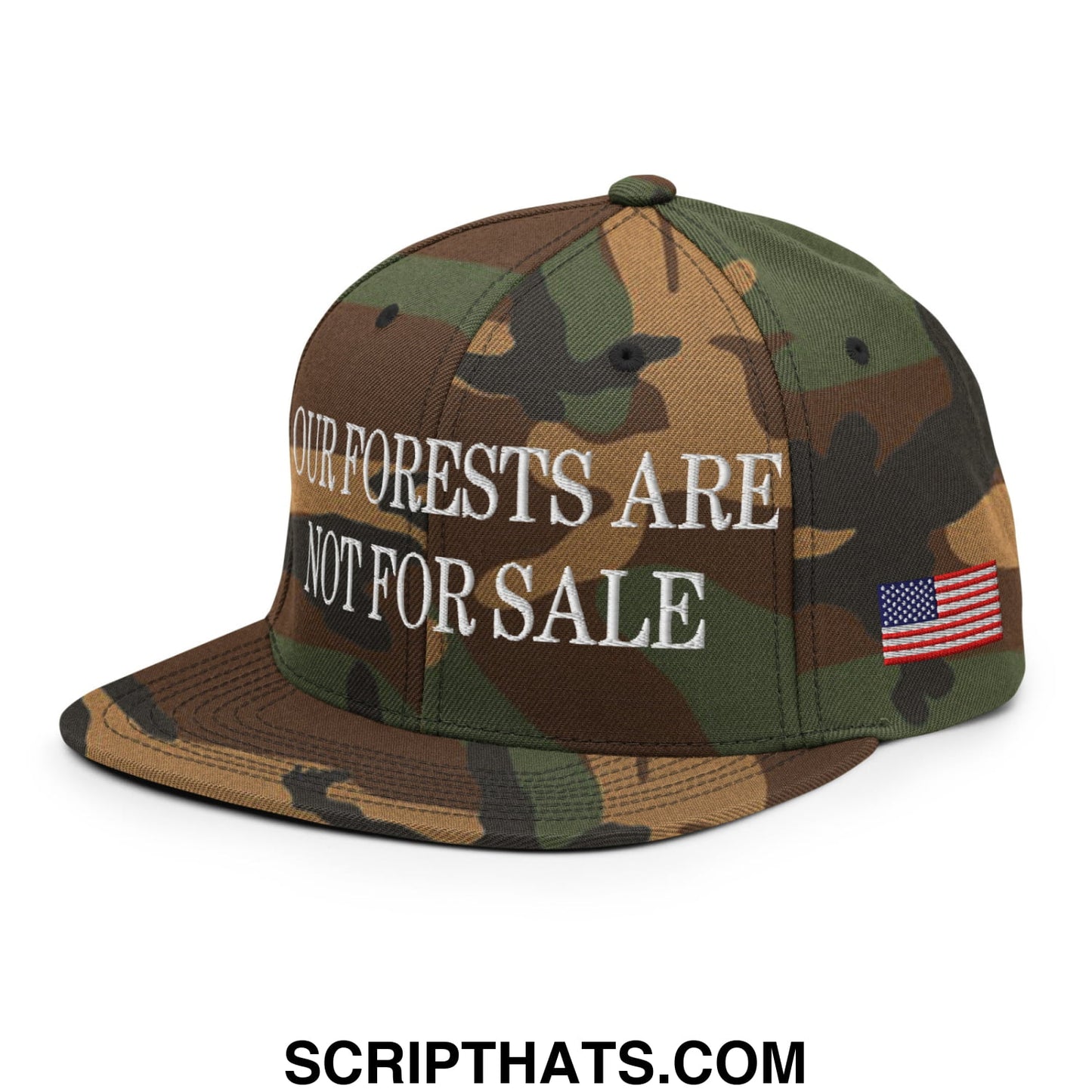 Our Forests Are Not For Sale USFS US Flag Embroidered Flat Brim Snapback Hat Green Camo
