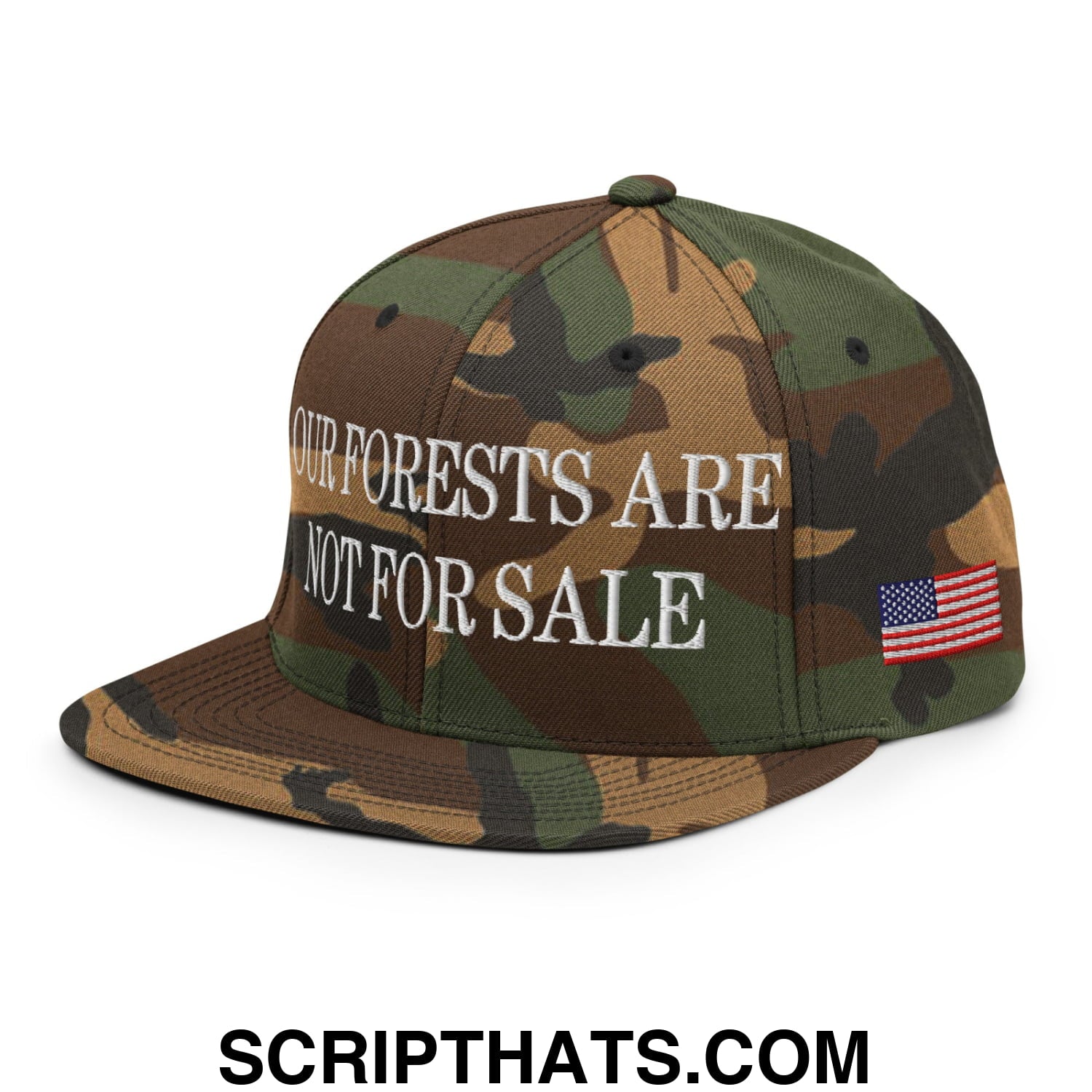 Our Forests Are Not For Sale USFS US Flag Embroidered Flat Brim Snapback Hat Green Camo