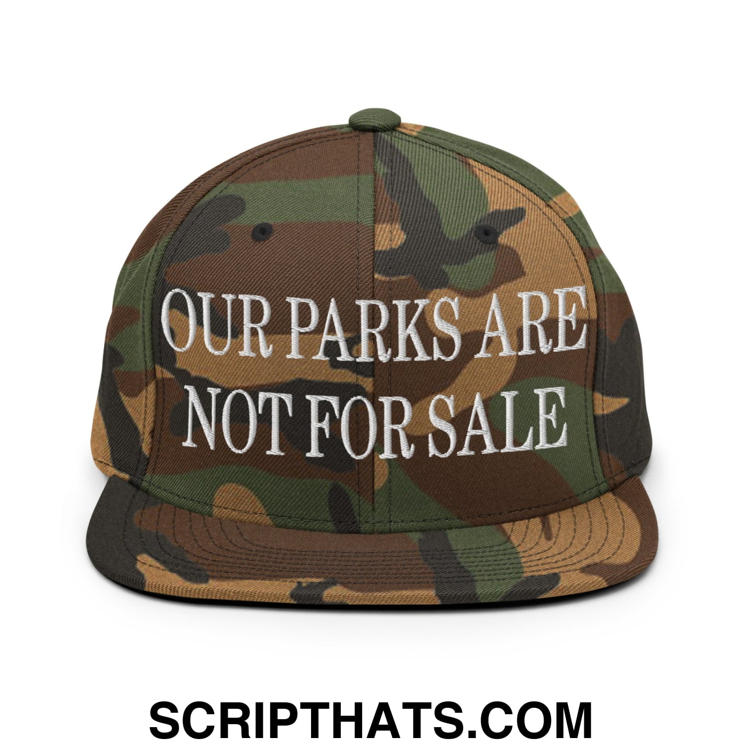 Our Parks Are Not For Sale Embroidered Flat Bill Snapback Hat Green Camo
