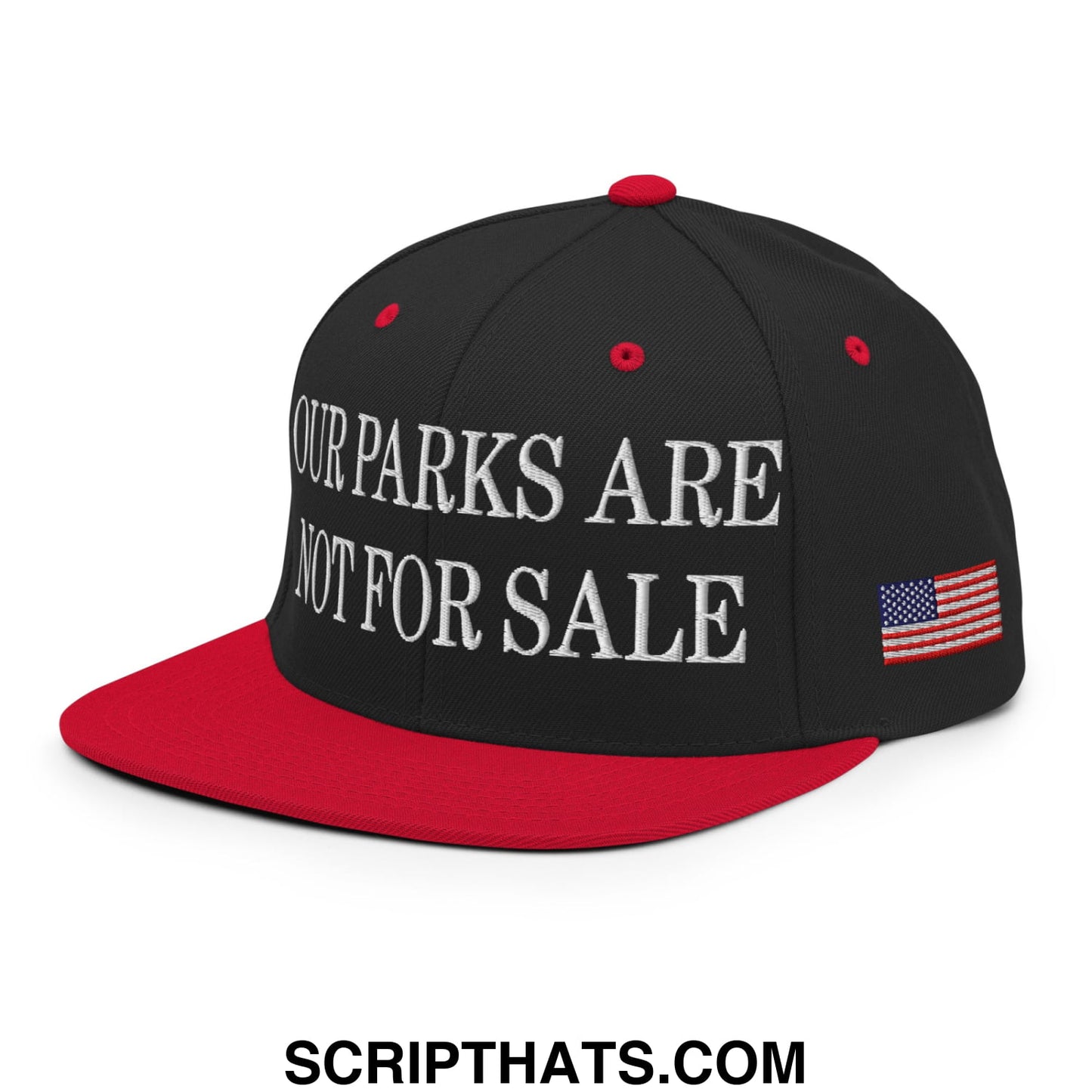 Our Parks Are Not For Sale NPS US Flag Embroidered Flat Brim Snapback Hat Black Red