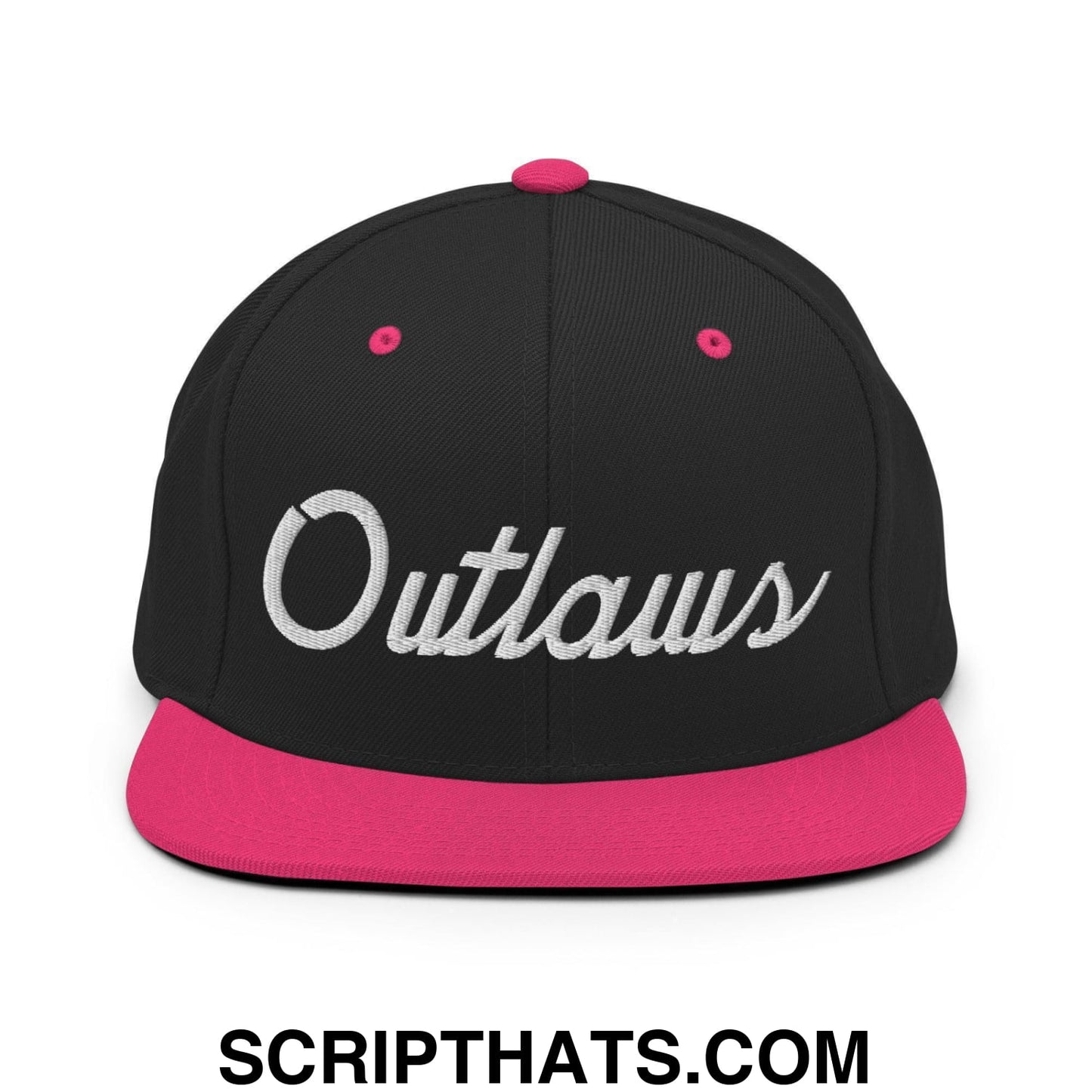 Outlaws School Mascot Script Snapback Hat Black Neon Pink