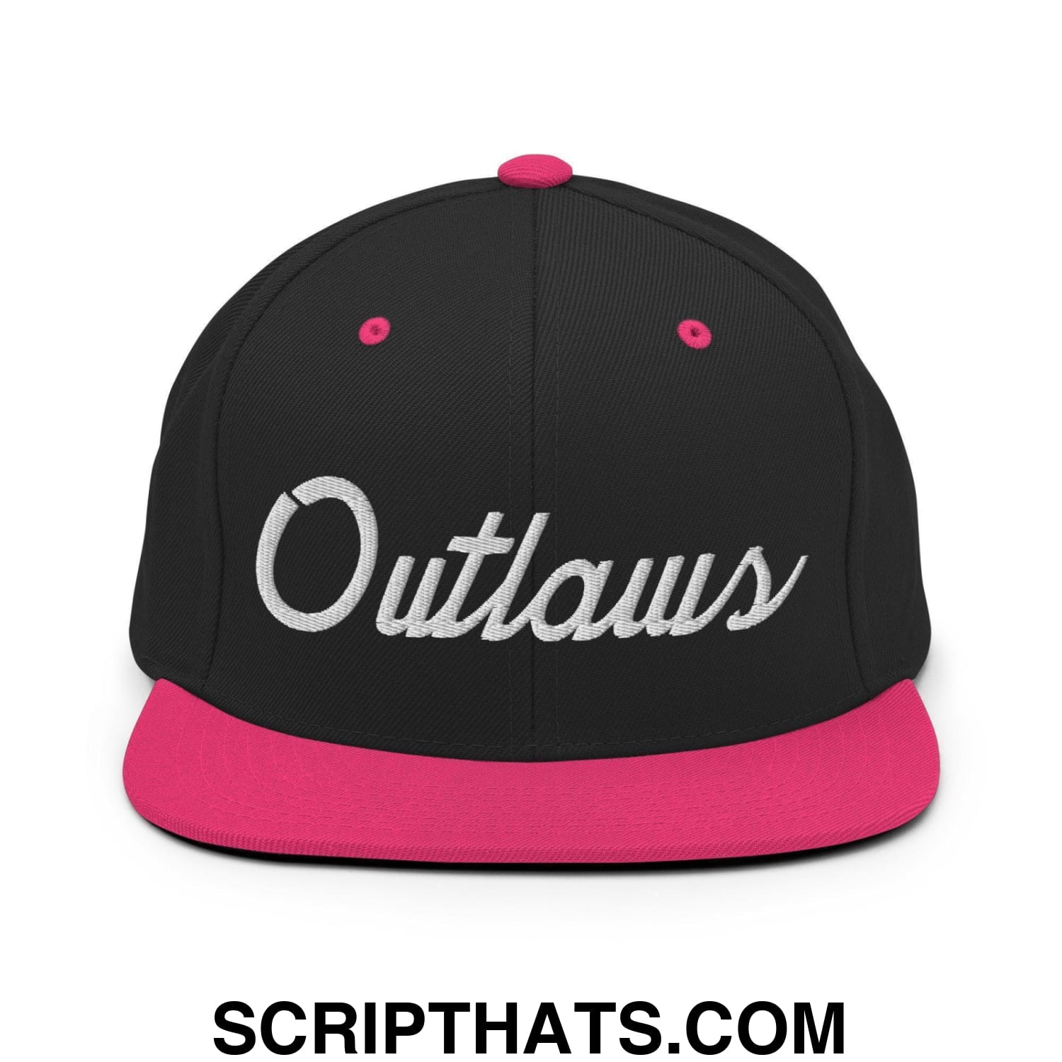 Outlaws School Mascot Script Snapback Hat Black Neon Pink