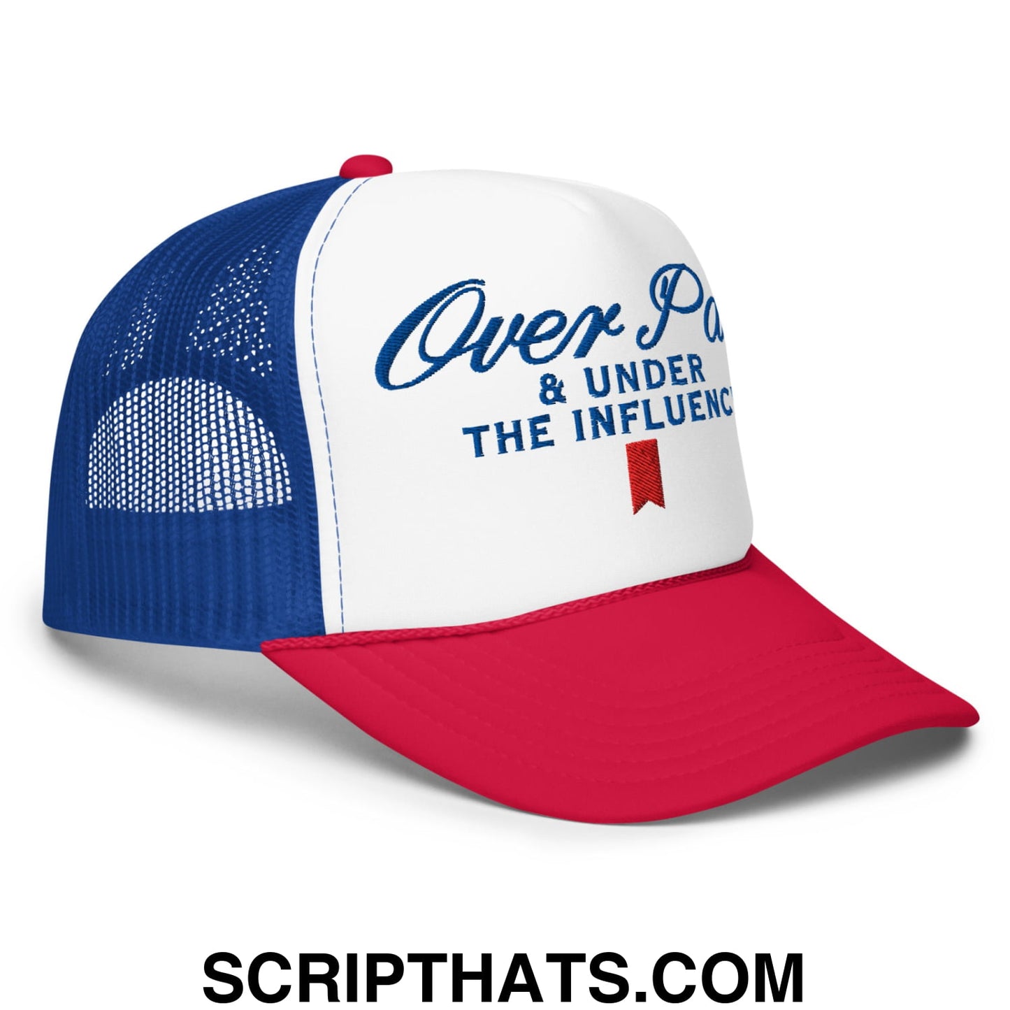 Over Par and Under the Influence Embroidered Foam Trucker Hat White Royal Red