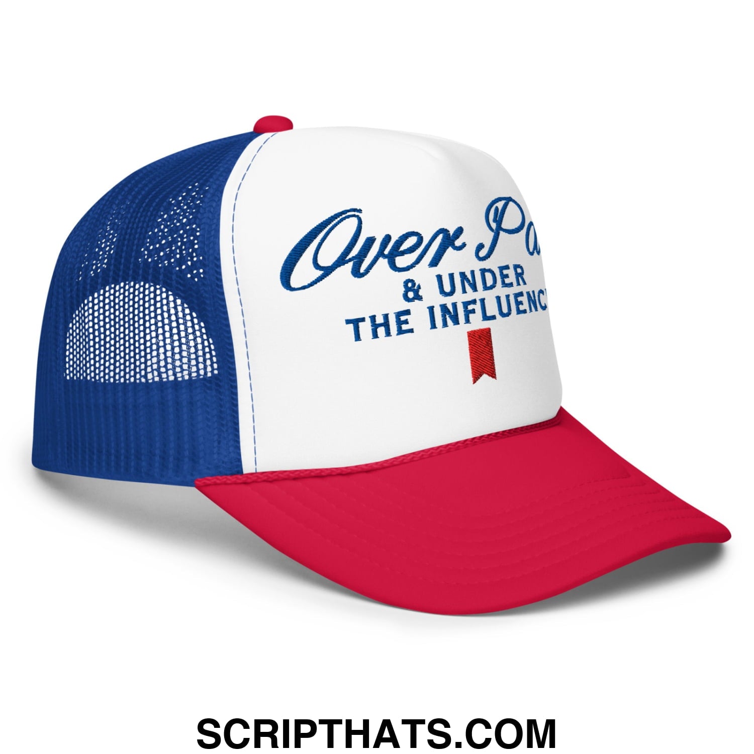 Over Par and Under the Influence Embroidered Foam Trucker Hat White Royal Red