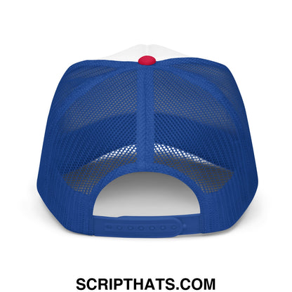Over Par and Under the Influence Embroidered Foam Trucker Hat White Royal Red