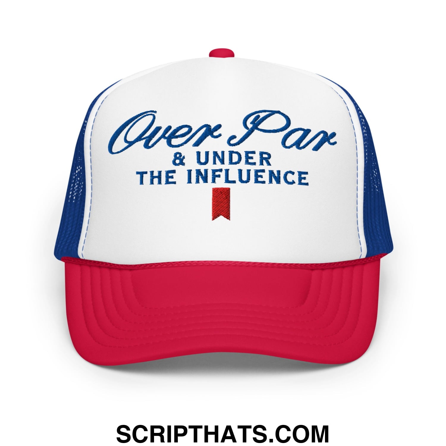 Over Par and Under the Influence Embroidered Foam Trucker Hat White Royal Red