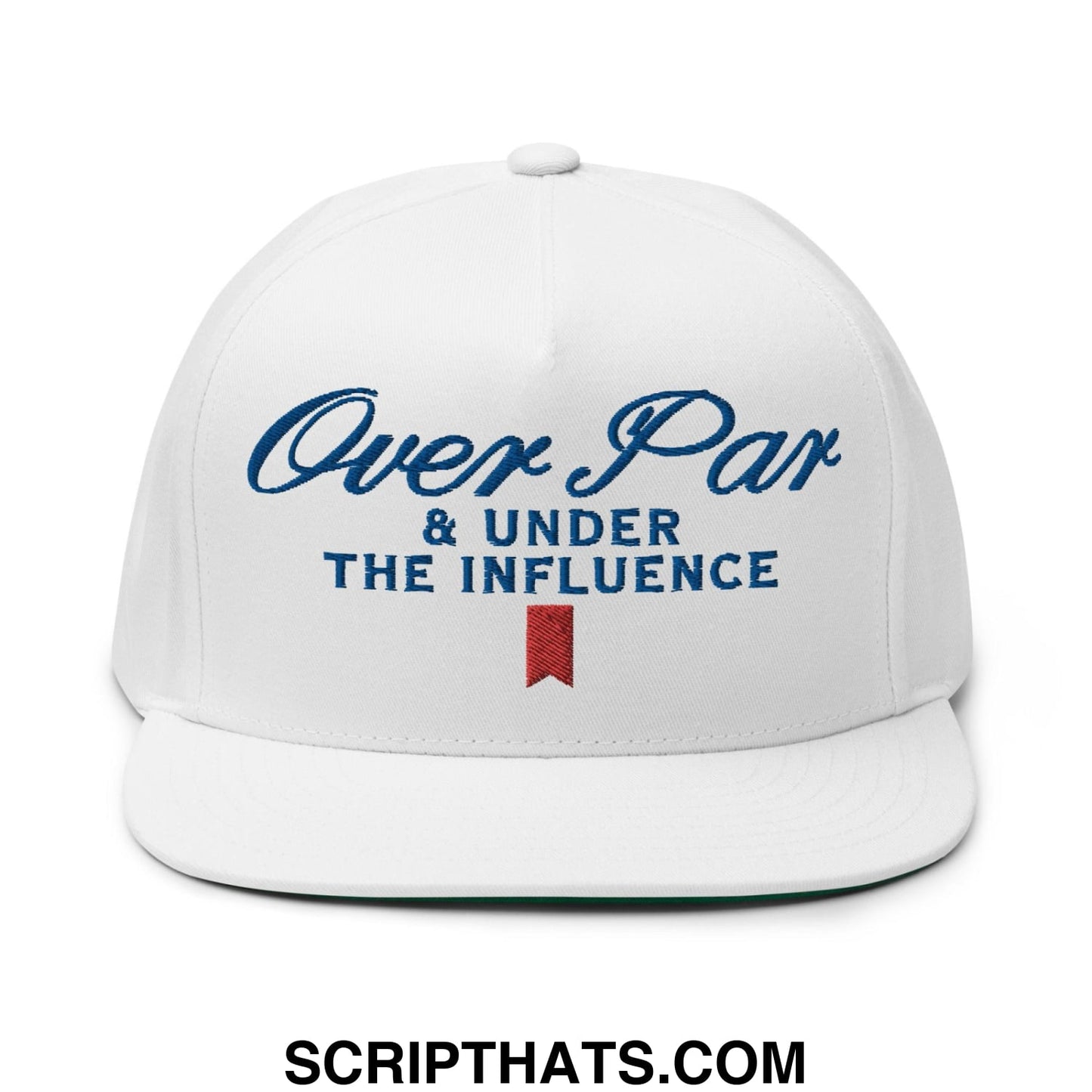Over Par and Under the Influence Flat Bill Brim 5 Panel Snapback Hat White
