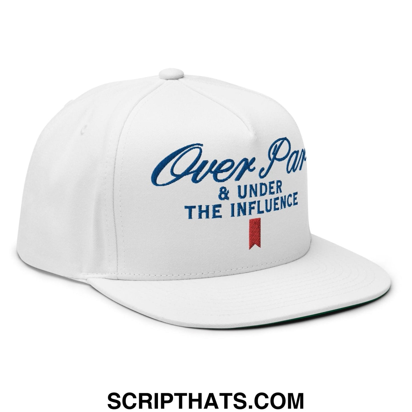 Over Par and Under the Influence Flat Bill Brim 5 Panel Snapback Hat White