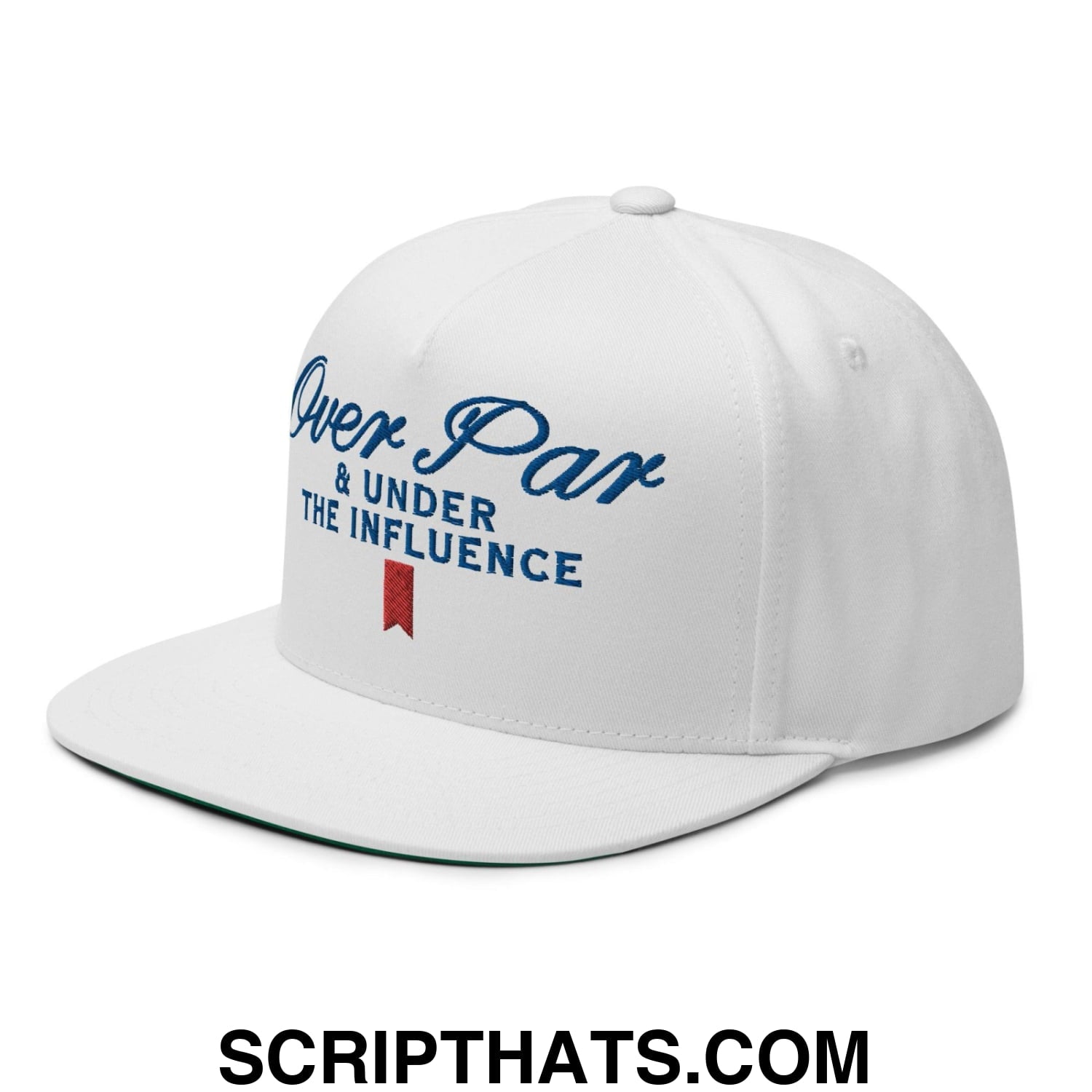 Over Par and Under the Influence Flat Bill Brim 5 Panel Snapback Hat White