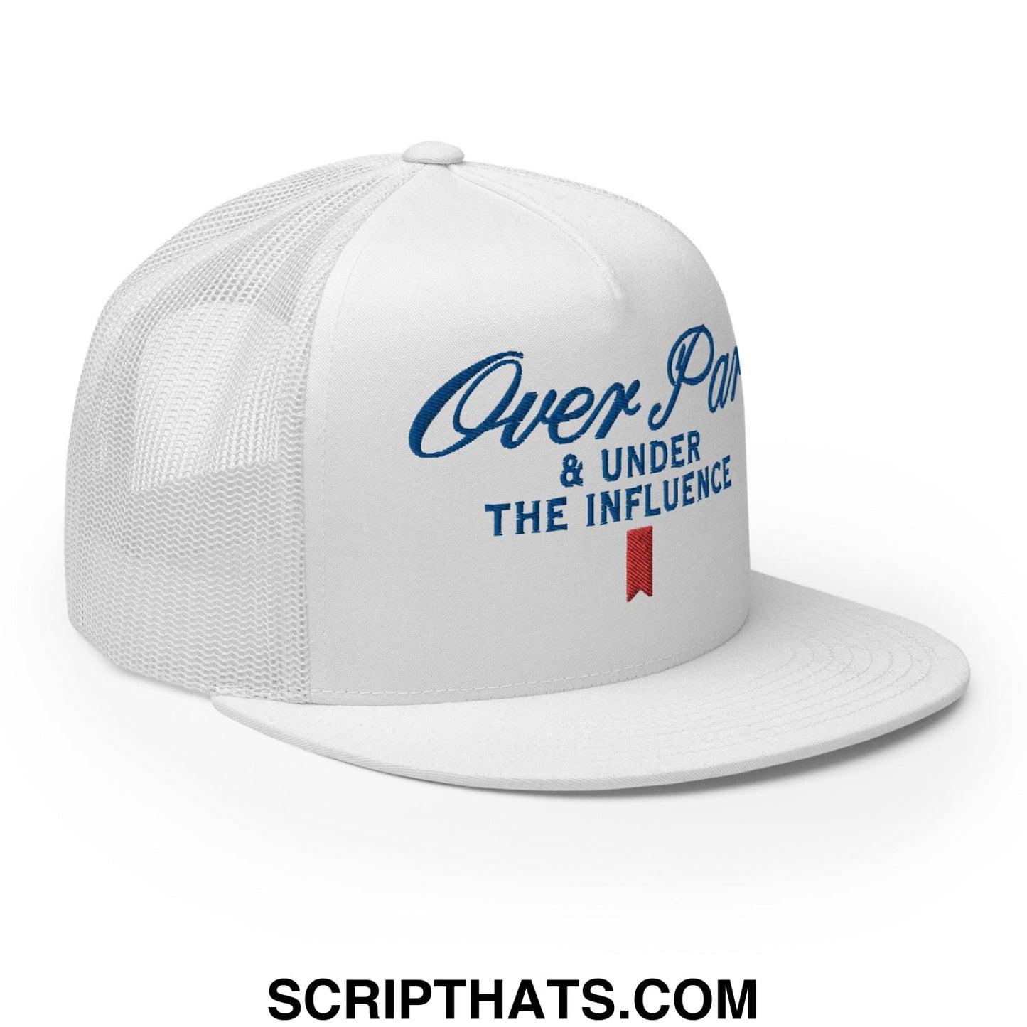 Over Par and Under the Influence Flat Bill Brim Trucker Hat White