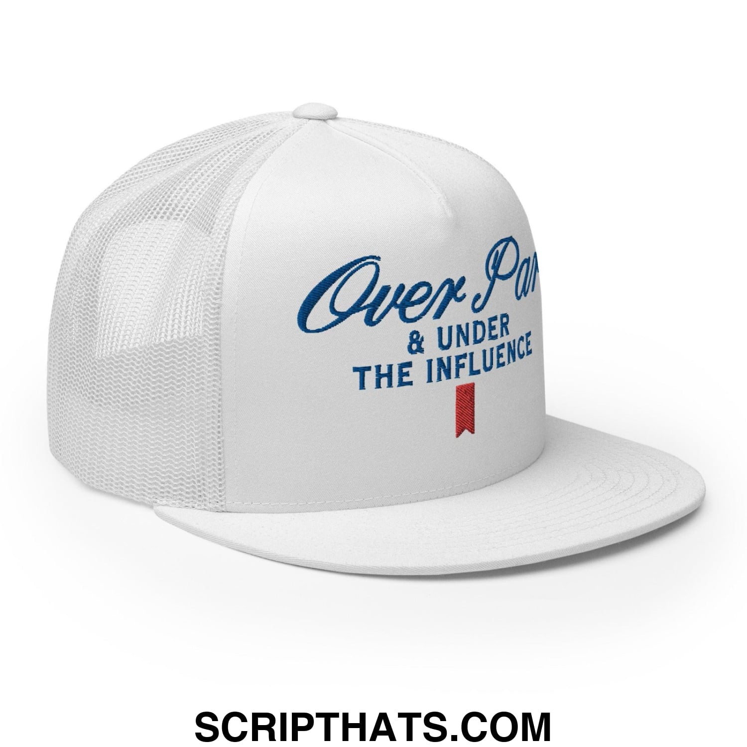 Over Par and Under the Influence Flat Bill Brim Trucker Hat White