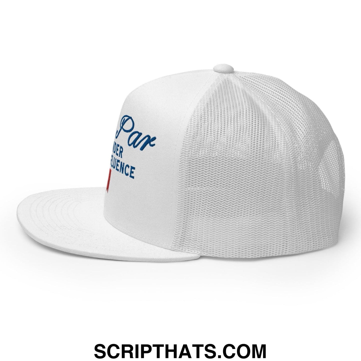 Over Par and Under the Influence Flat Bill Brim Trucker Hat White