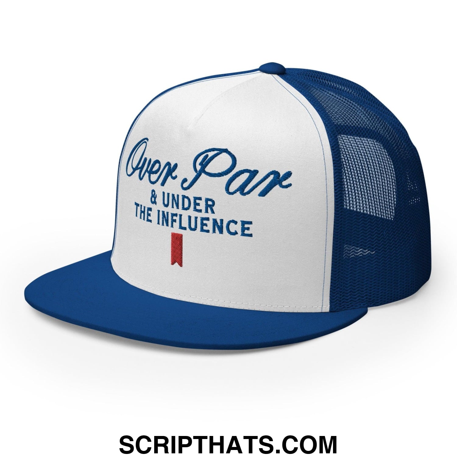 Over Par and Under the Influence Flat Bill Brim Trucker Hat Royal White Royal
