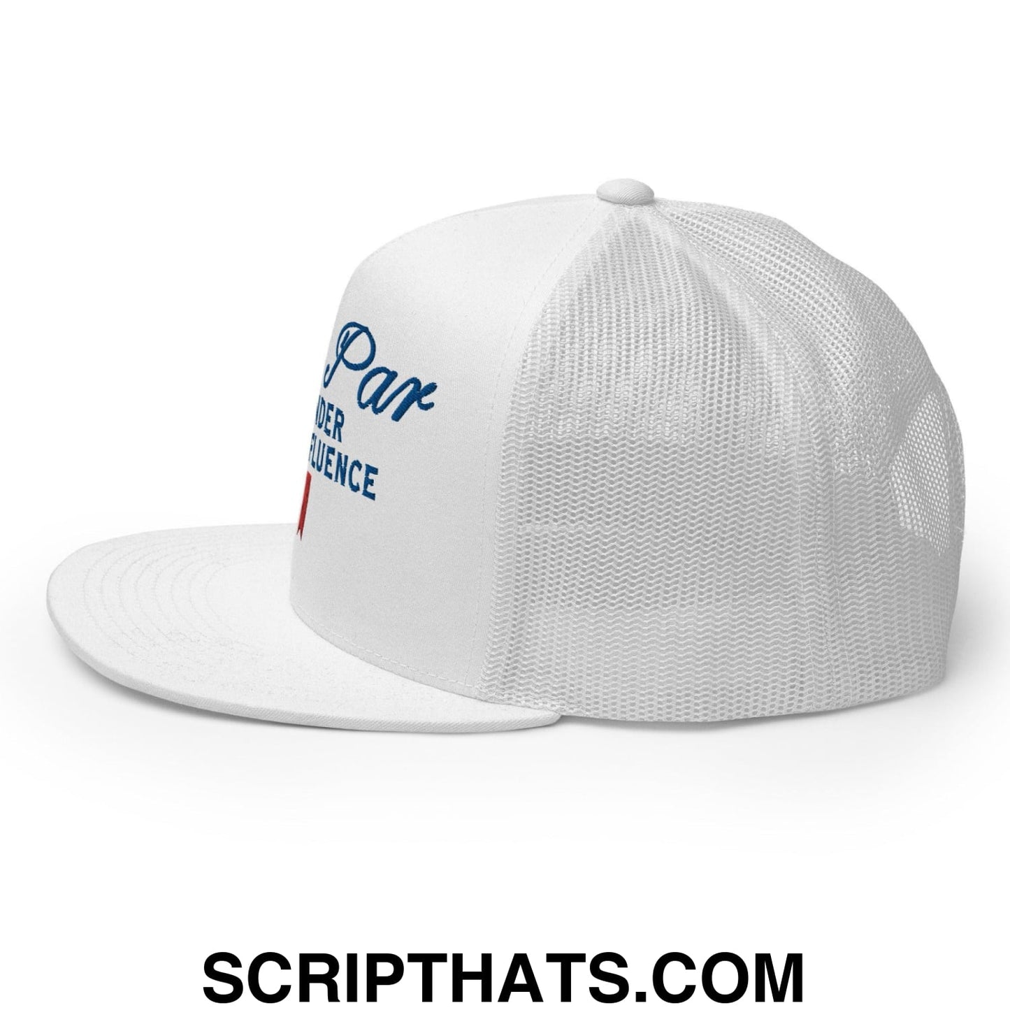 Over Par and Under the Influence Flat Bill Brim Trucker Hat White