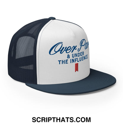 Over Par and Under the Influence Flat Bill Brim Trucker Hat Navy White Navy