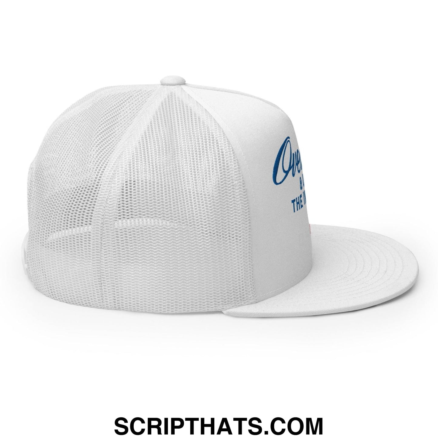 Over Par and Under the Influence Flat Bill Brim Trucker Hat White