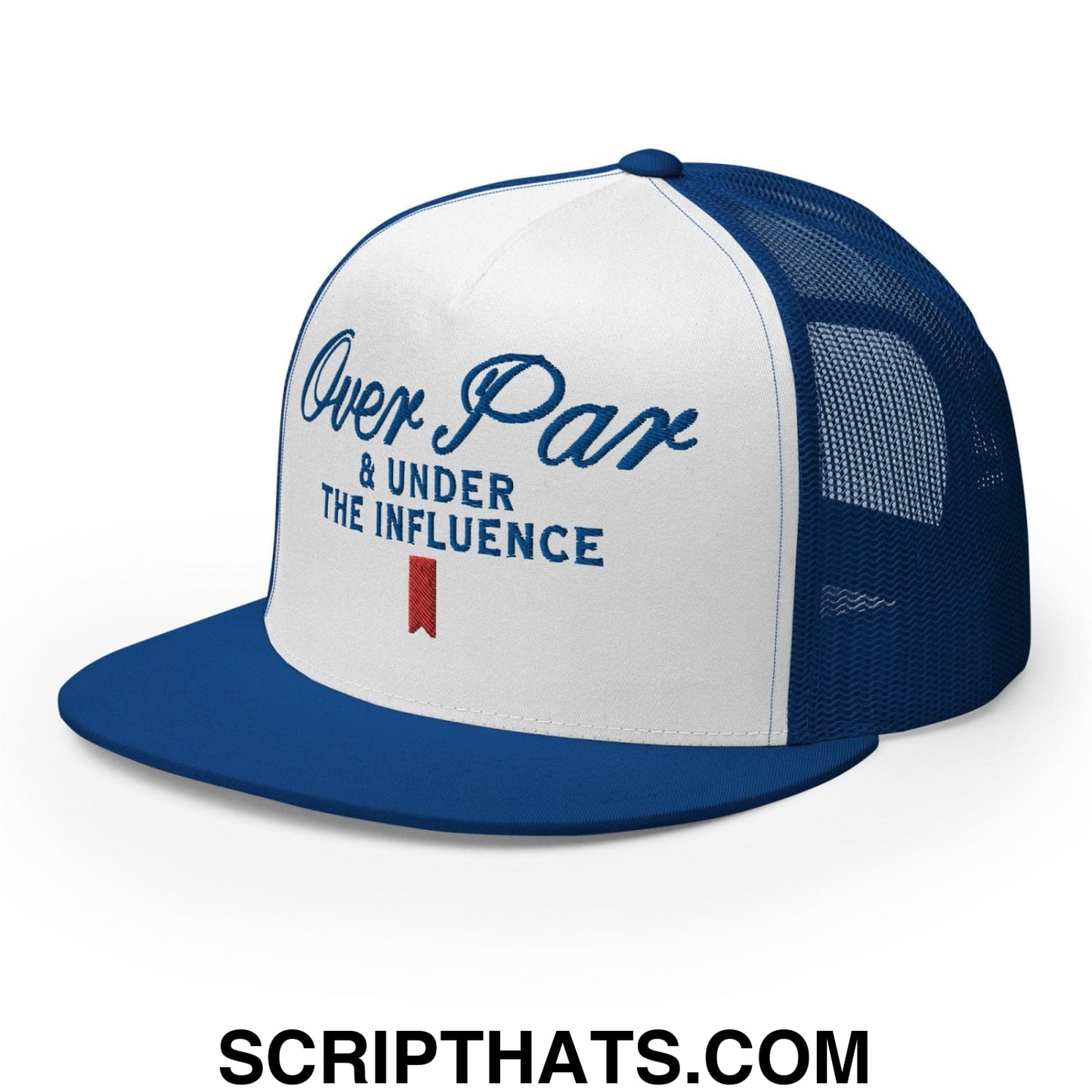 Over Par and Under the Influence Flat Bill Brim Trucker Hat Royal White Royal