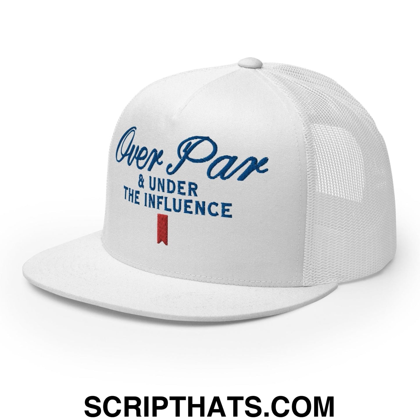 Over Par and Under the Influence Flat Bill Brim Trucker Hat White