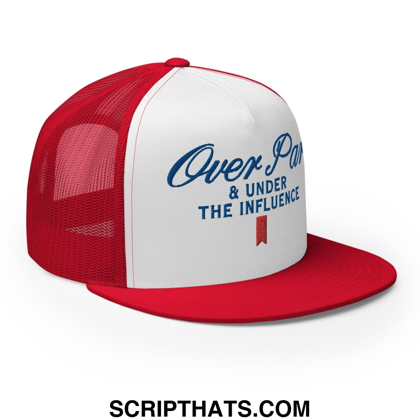 Over Par and Under the Influence Flat Bill Brim Trucker Hat Red White Red