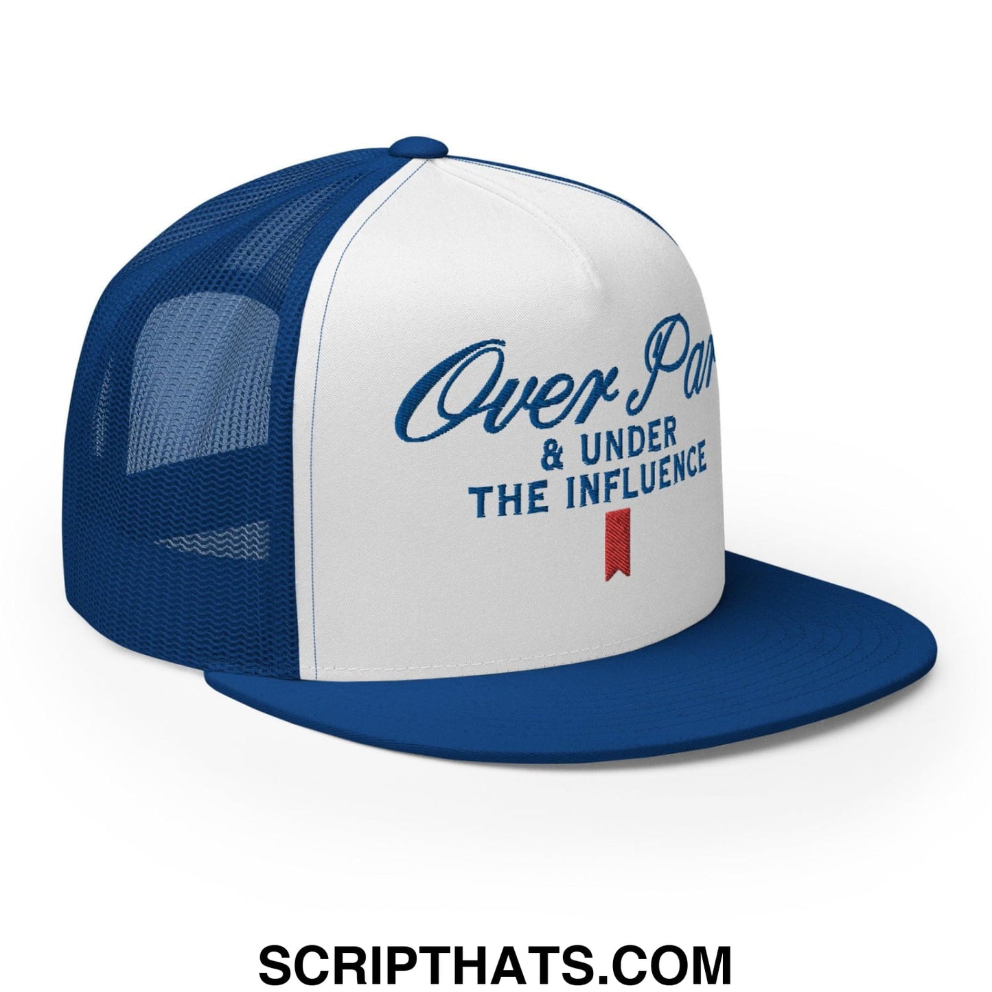 Over Par and Under the Influence Flat Bill Brim Trucker Hat Royal White Royal